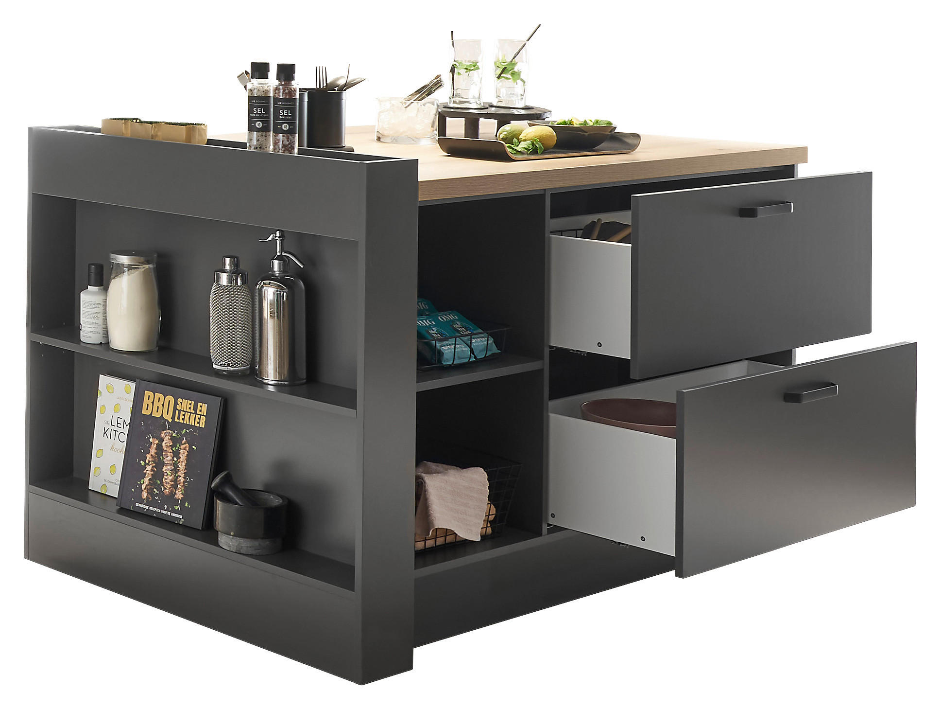 KÜCHENINSEL 154/91/90 cm  in Graphitfarben, Eichefarben  - Eichefarben/Graphitfarben, Design, Holzwerkstoff/Metall (154/91/90cm) - MID.YOU