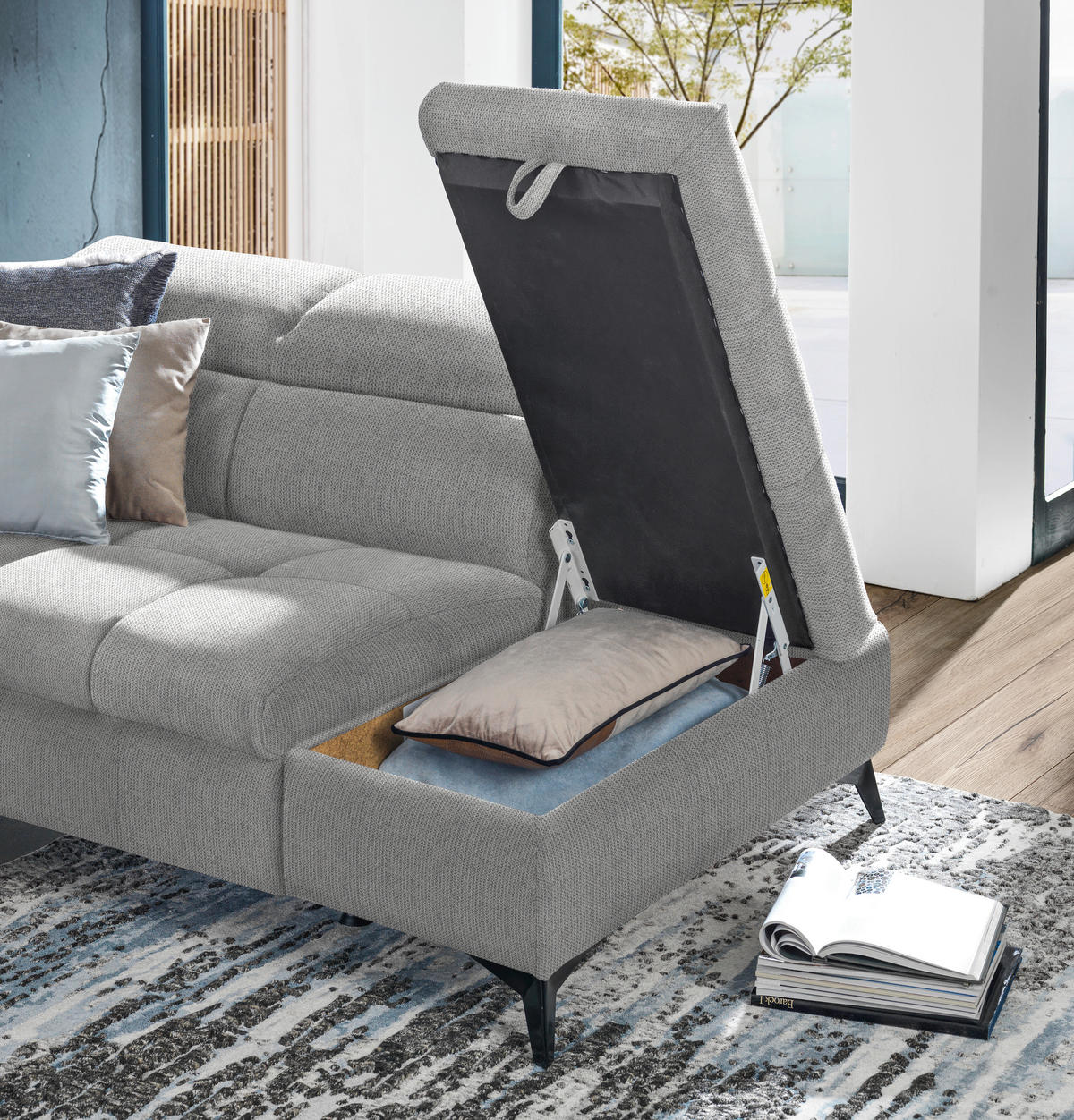 ECKSOFA mit Funkion Hellgrau Mikrofaser  - Hellgrau/Schwarz, Design, Kunststoff/Textil (279/210cm) - Stylife