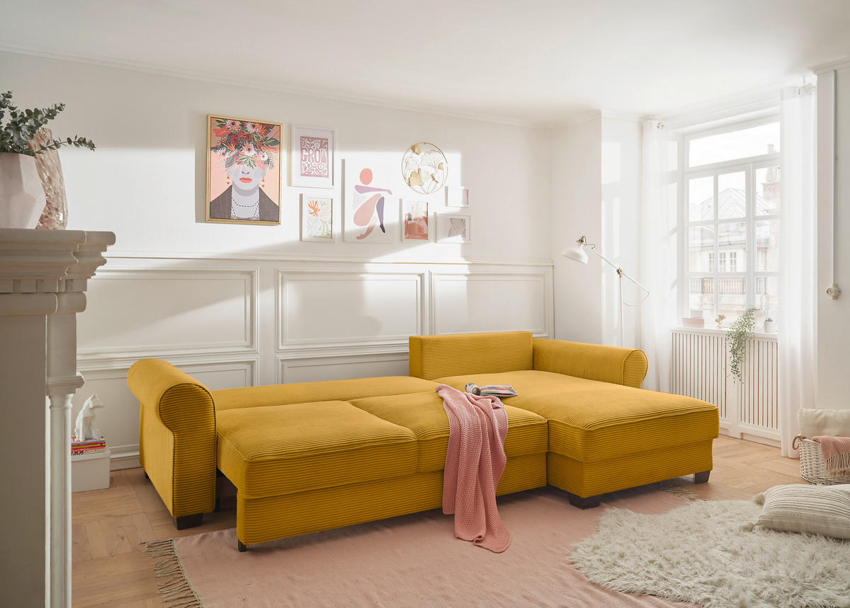 ECKSOFA Gelb Cord  - Gelb/Schwarz, KONVENTIONELL, Kunststoff/Textil (318/197cm) - Hom`in