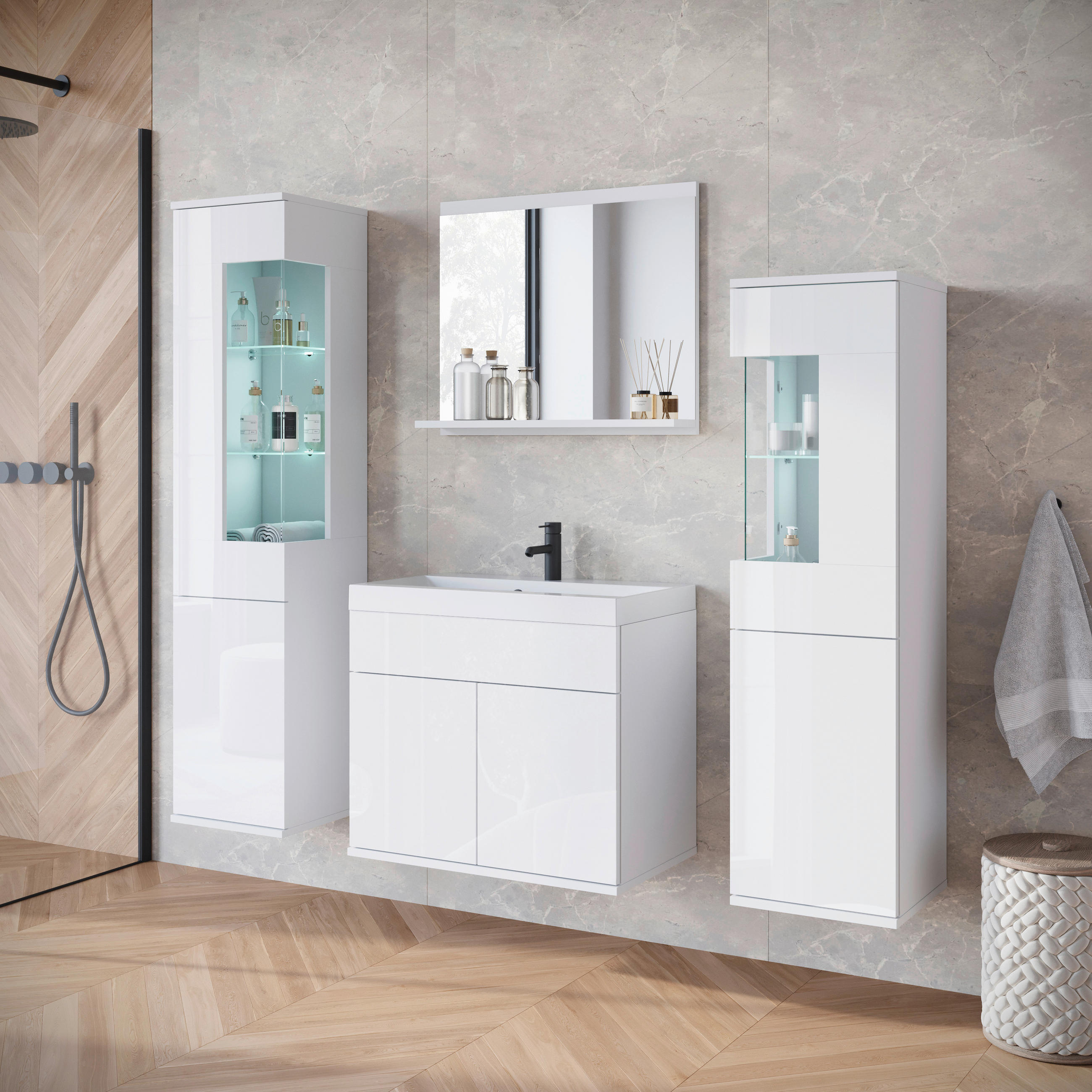 BADEZIMMER 5-teilig  in 120,4 cm  - Weiss Hochglanz/Weiss, Trend, Glas/Keramik (120,4cm) - P & B