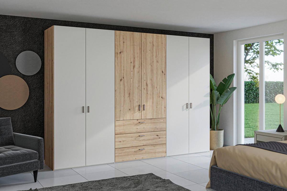 KLEIDERSCHRANK 303/220/59 cm,  in Creme, Weiß, Eiche Artisan, 6-türig  - Hellbraun/Creme, Design, Holzwerkstoff/Metall (303/220/59cm) - Jutzler