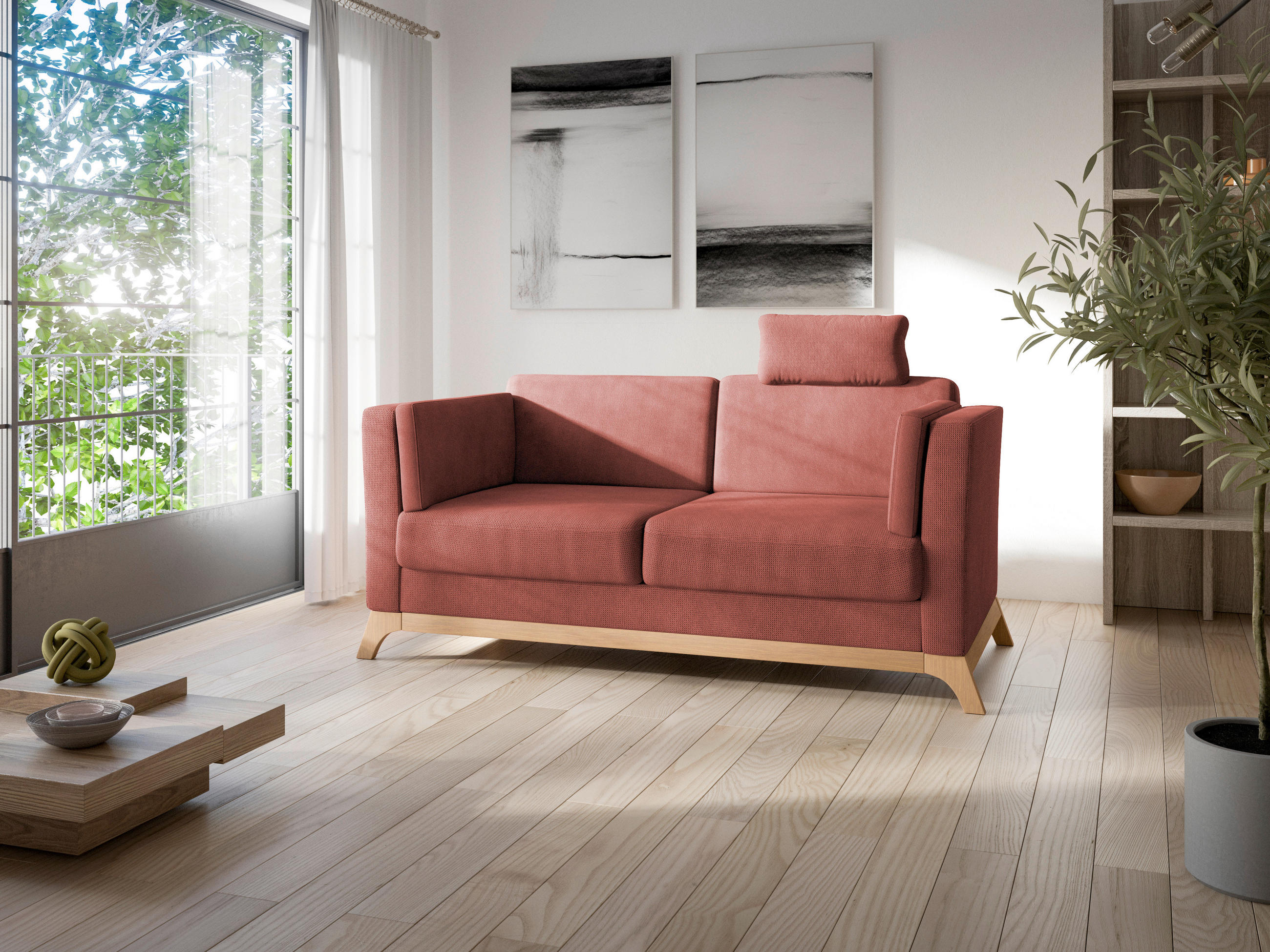 2,5-SITZER Flachgewebe Kirschrot  - Eichefarben/Kirschrot, KONVENTIONELL, Holz/Textil (183/84/93cm) - Sit & More