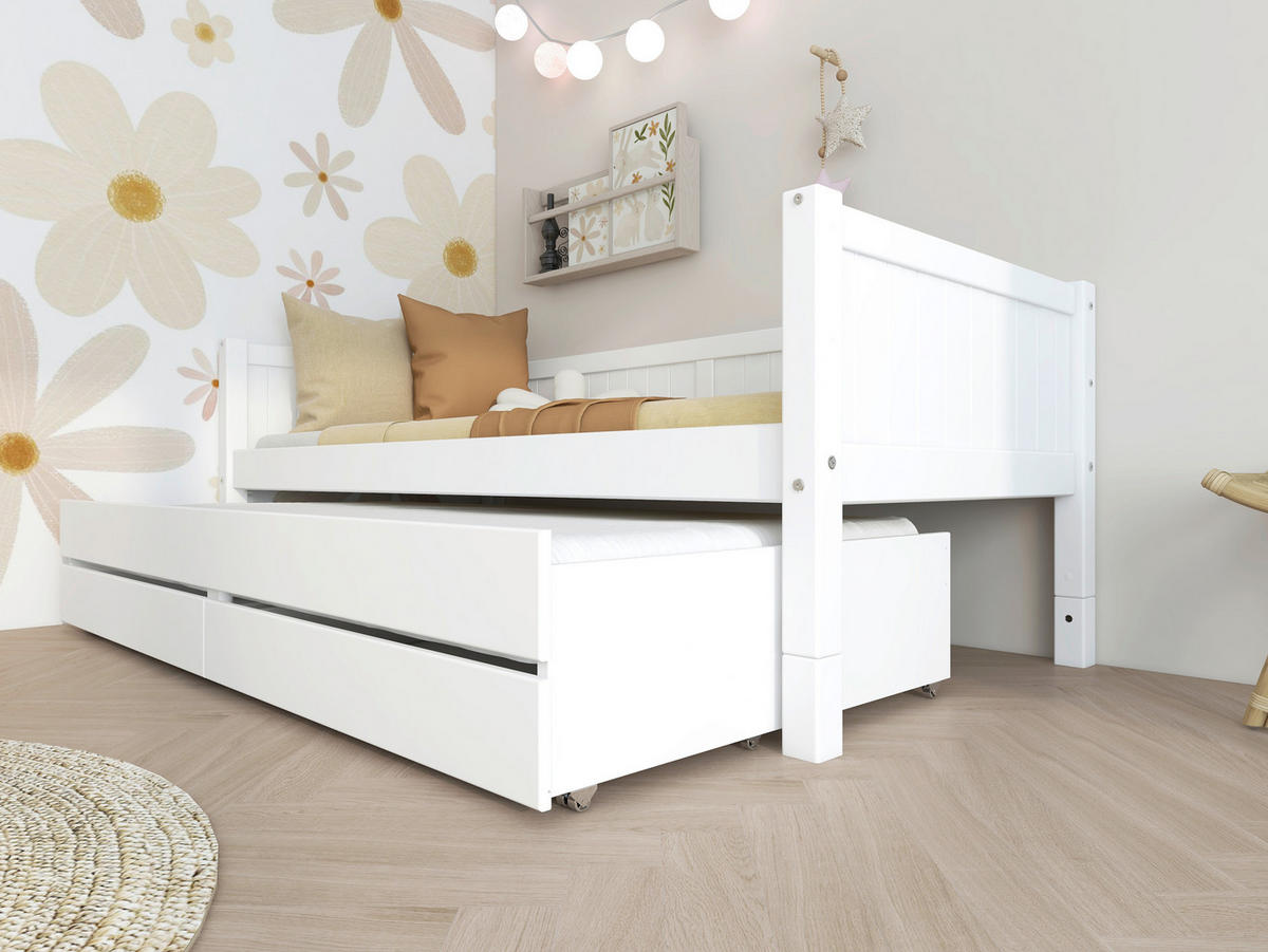 AUSZIEHBETT 90/200 cm,  in Weiß, Bettschubladen, Rollrost für Zusatzbett, Rollrost für Hauptbett  - Weiß, MODERN, Holz (90/200cm) - Chameo