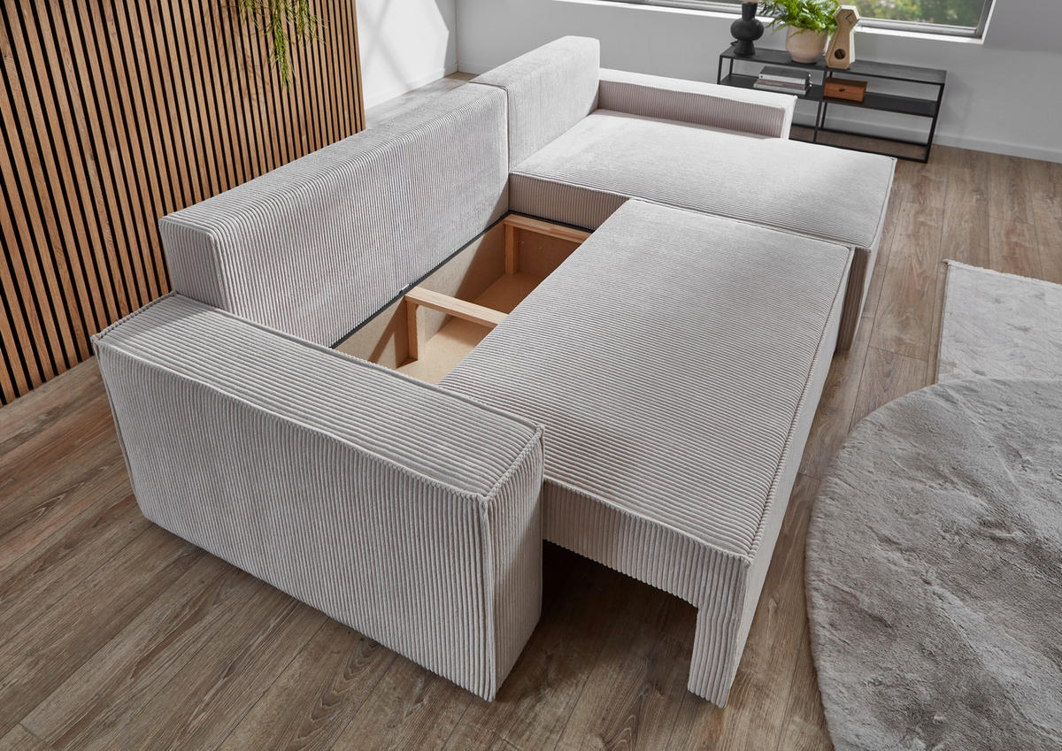 ECKSCHLAFSOFA Feincord Naturfarben  inkl. Rückenkissen, Bettkasten, Schlaffunktion, Rücken echt, Liegefläche im Originalstoff  - Schwarz/Naturfarben, MODERN, Kunststoff/Textil (266/150cm) - Carryhome