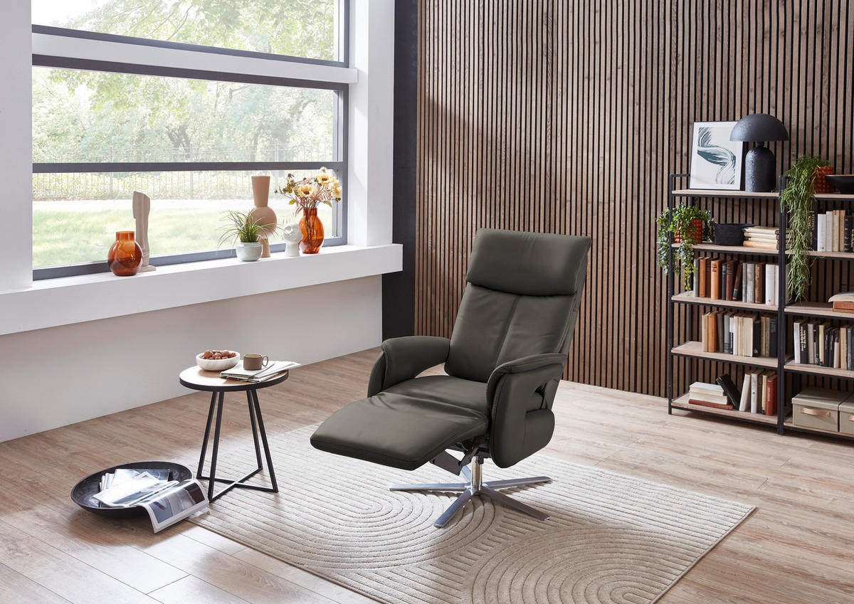 RELAXSESSEL in Leder Grau  - Edelstahlfarben/Grau, Design, Leder/Metall (70/124/85cm) - Cantus