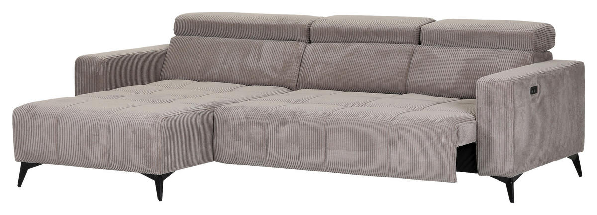 ECKSOFA Taupe Cord Rücken echt, Kopfteilverstellung, Sitzvorzug  - Taupe/Schwarz, KONVENTIONELL, Textil/Metall (170/257cm) - Carryhome