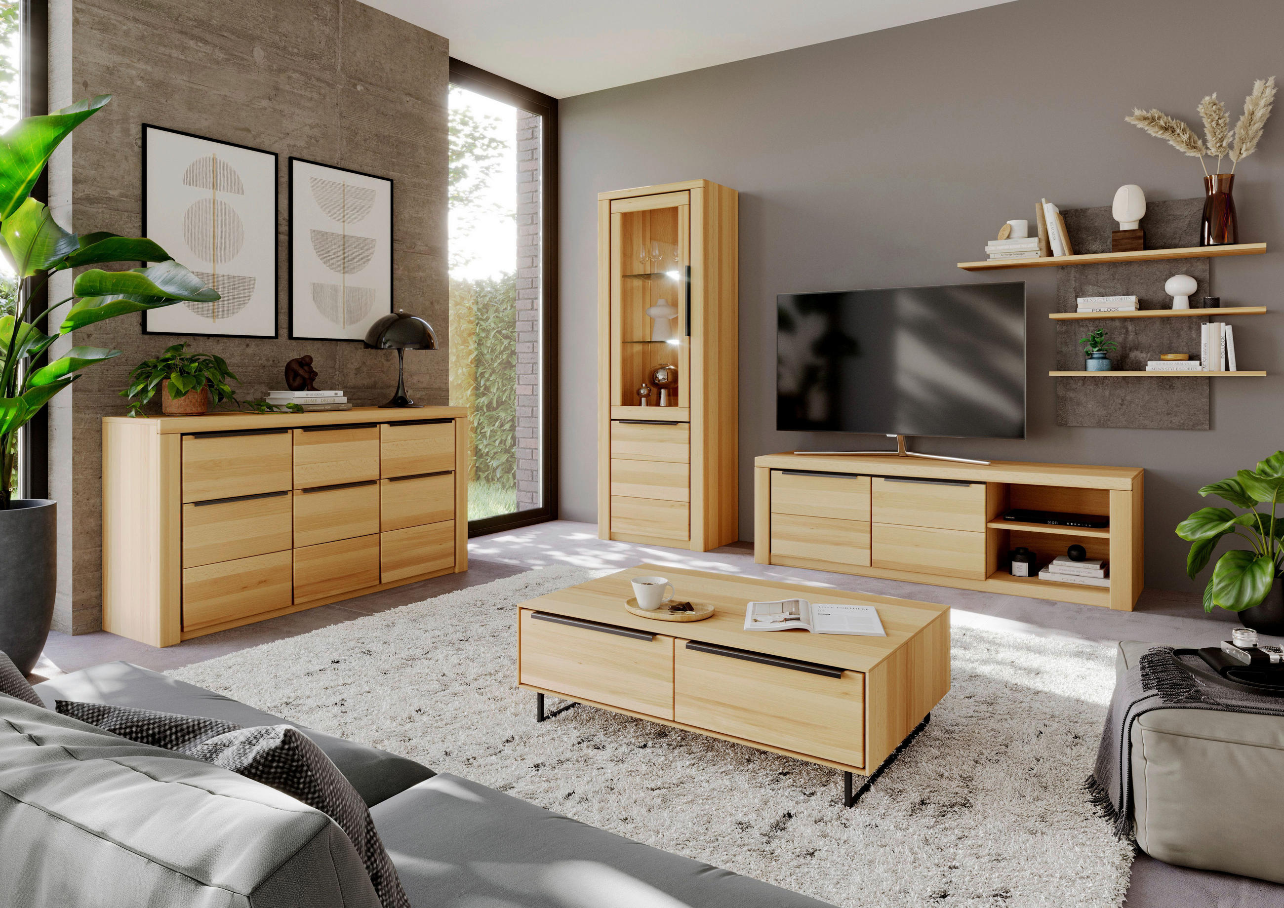 VITRINE  in massiv Buche Buchefarben - Buchefarben/Schwarz, Design, Glas/Holz (70/199/40cm) - Livetastic