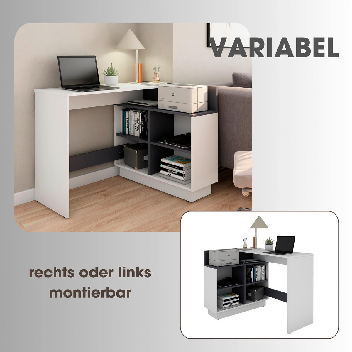 ECKSCHREIBTISCH 112/80/77,5 cm  in Graphitfarben, Weiß  - Graphitfarben/Weiß, MODERN, Holzwerkstoff (112/80/77,5cm) - MID.YOU