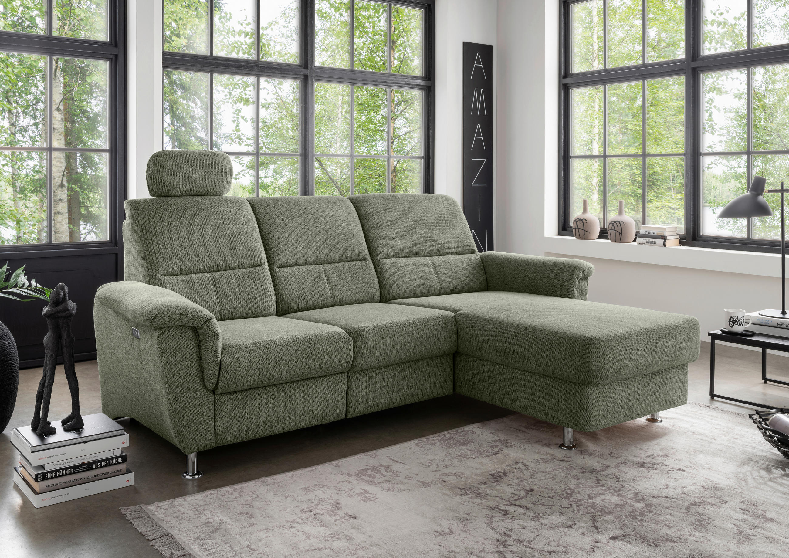 ECKSOFA in Chenille Grün  - Chromfarben/Grün, Modern, Textil/Metall (231/165cm) - Livetastic