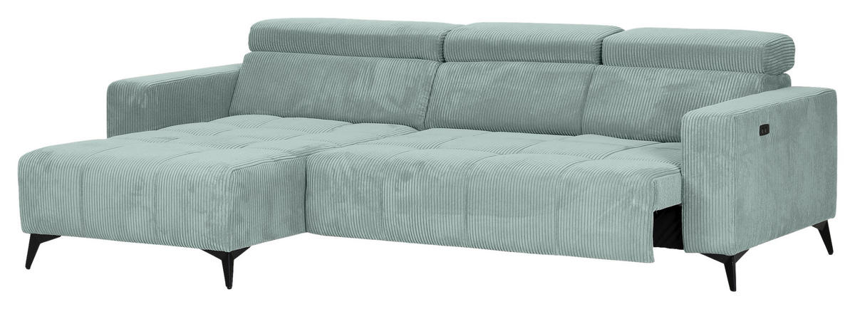 ECKSOFA Mintgrün Cord Rücken echt, Kopfteilverstellung, Sitzvorzug  - Schwarz/Mintgrün, KONVENTIONELL, Textil/Metall (170/257cm) - Carryhome