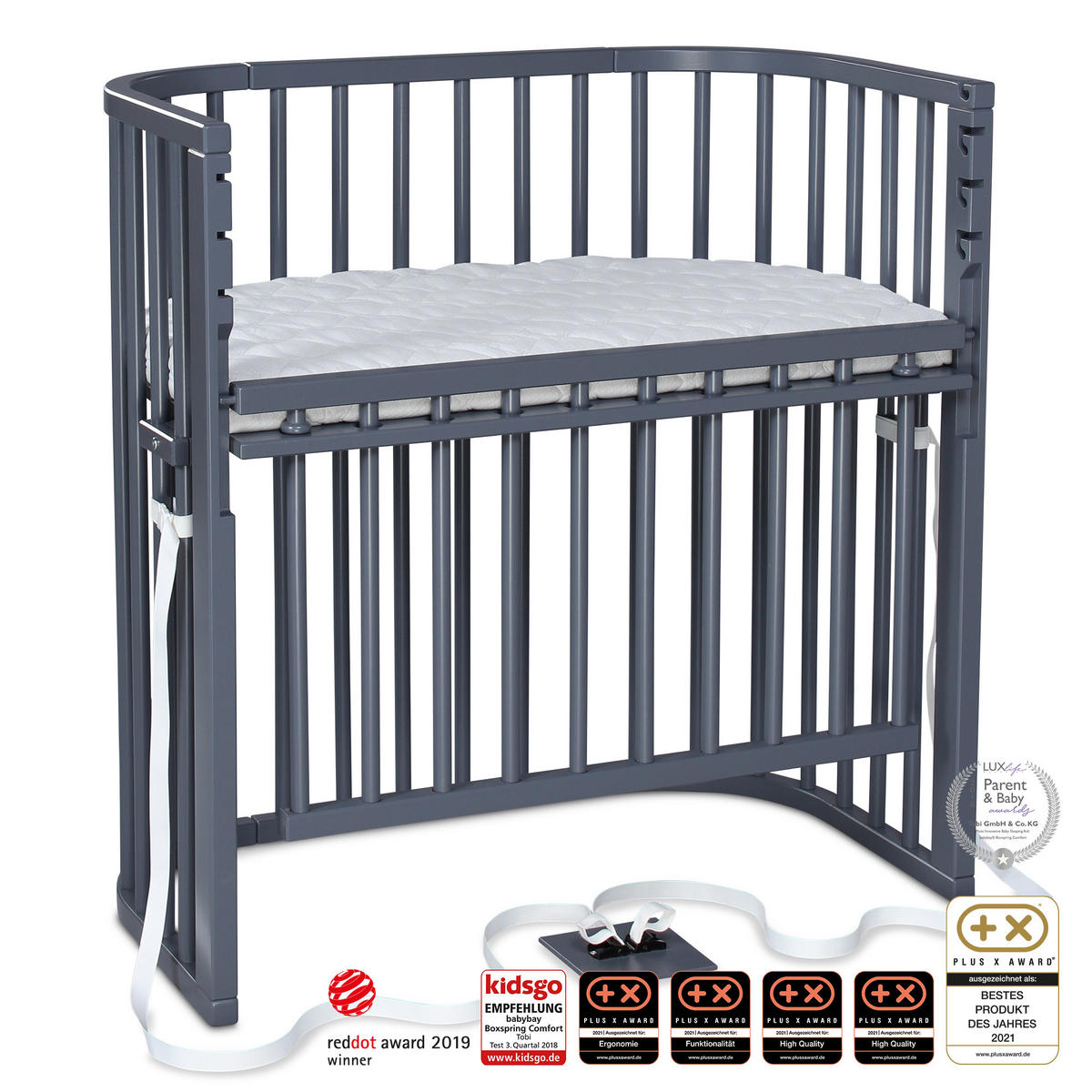 BEISTELLBETT Boxspring Comfort Plus   - Schieferfarben/Grau, Basics, Holz (56,5/96,5/96cm) - Babybay