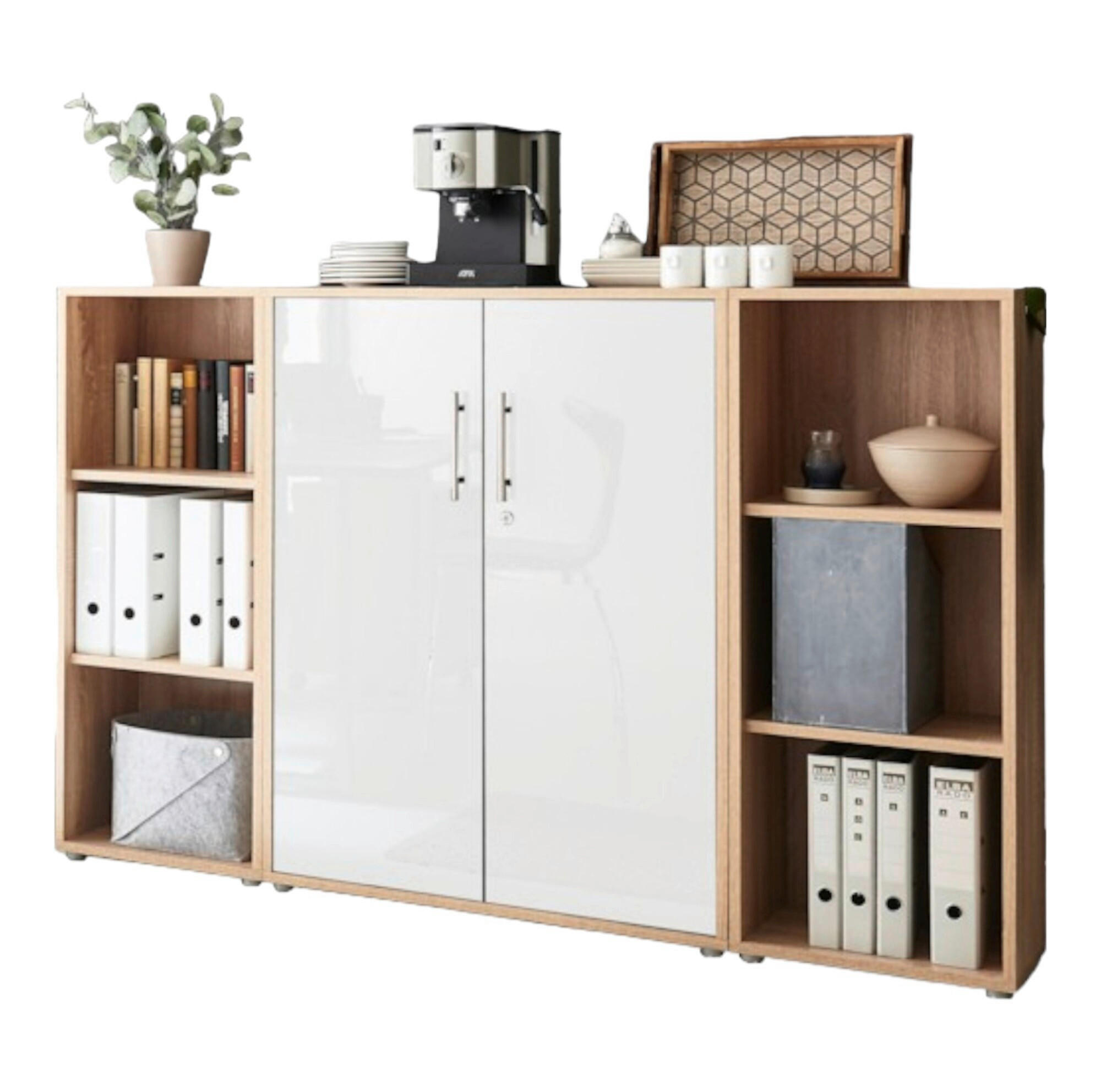 Mid.you Aktenschrank Office Edition - SW Set 2 niedrig Sonoma Eiche, Weiß Hochglanz 173x114x33 cm
