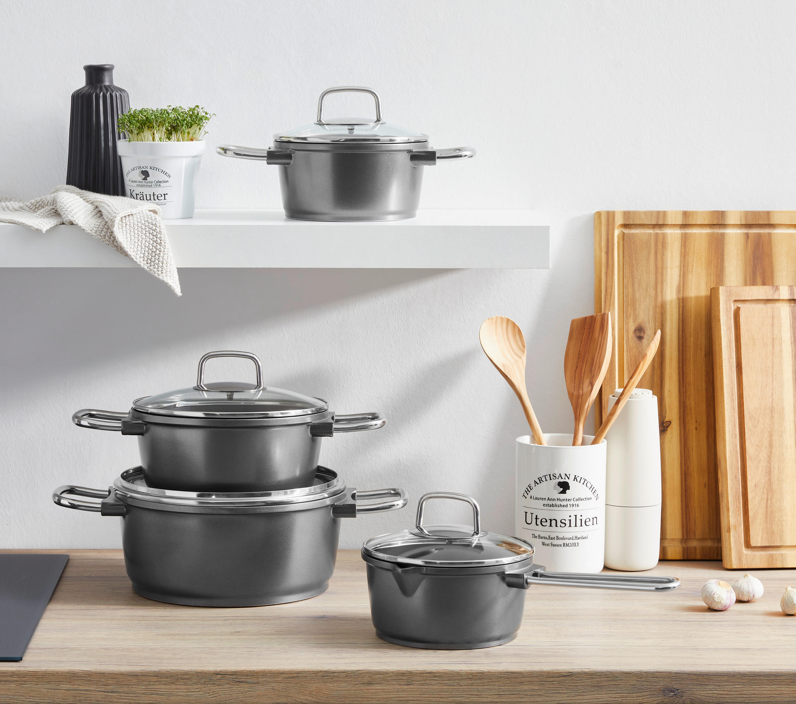 SET LONACA ZA KUHANJE Cucina Perfetta  aluminij  4-dijelni  Cucina Perfetta  - srebrne boje/prozirno, Basics, staklo/metal - Homeware Profession.