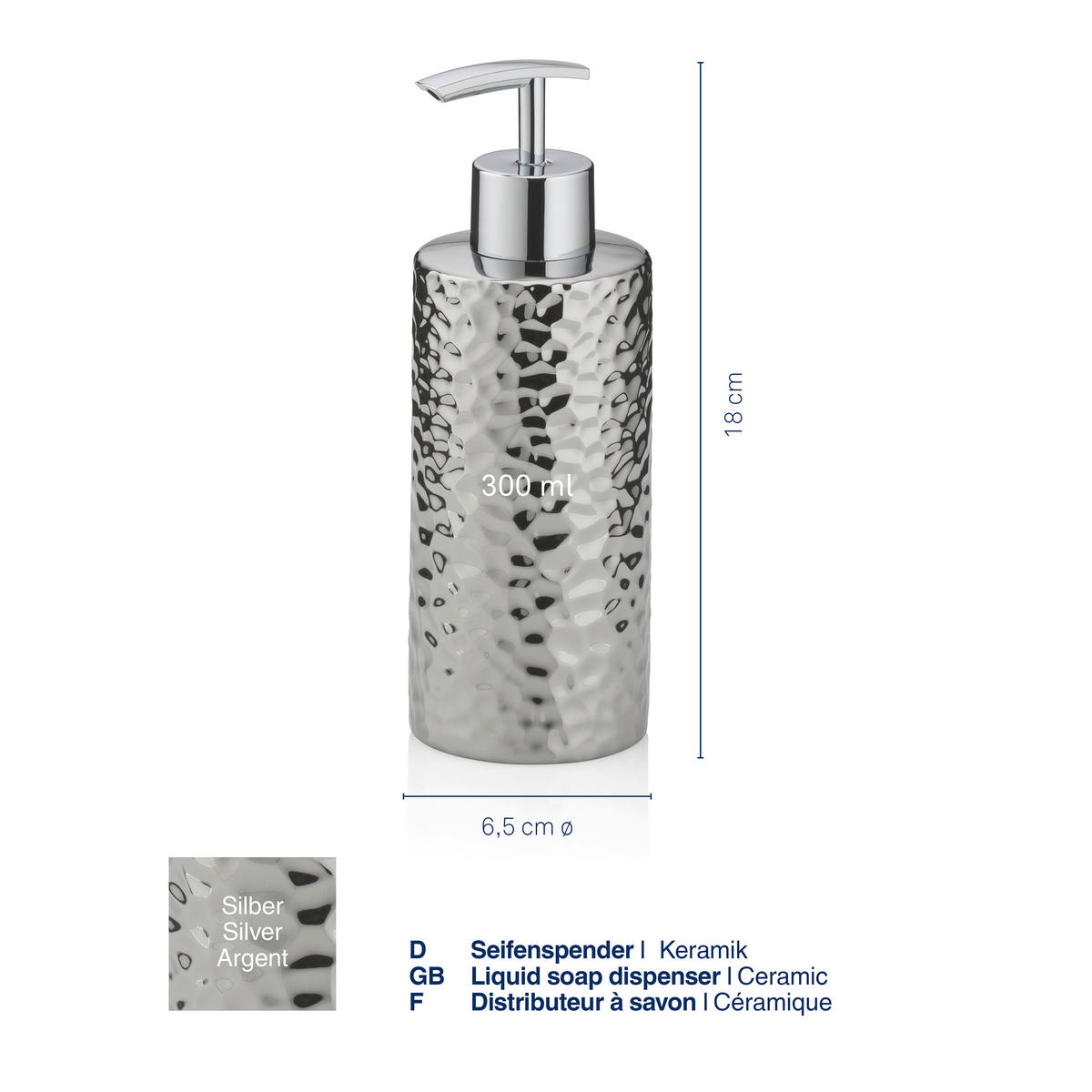 SEIFENSPENDER  - Silberfarben, Basics, Keramik (6,5/18/6,5cm) - Kela