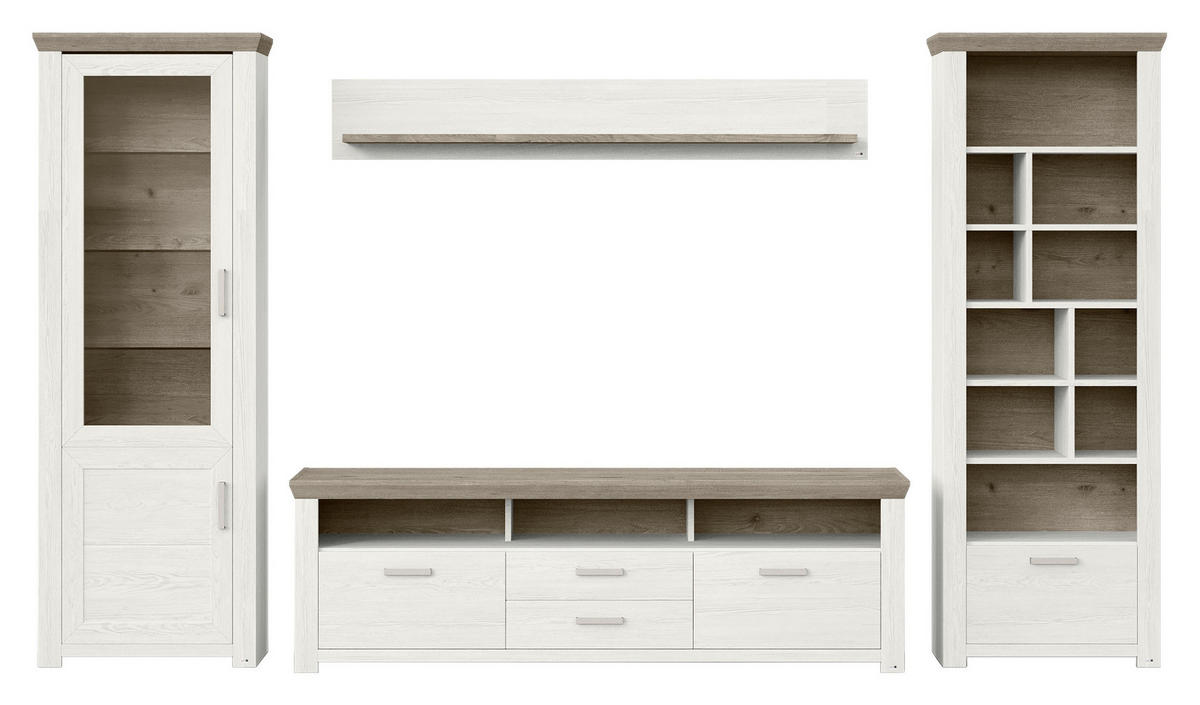 WOHNWAND  in Weiß, Eichefarben  370/206,6/51,2 cm  - Eichefarben/Weiß, Design, Glas/Holzwerkstoff (370/206,6/51,2cm) - SetOne by Musterring