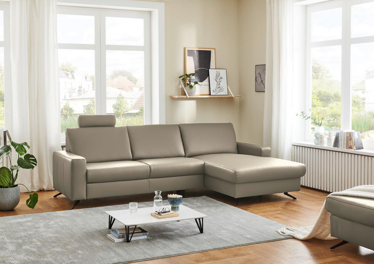 ECKSOFA in Echtleder Ecru  - Ecru/Schwarz, Design, Leder/Metall (267/165cm) - Lomoco