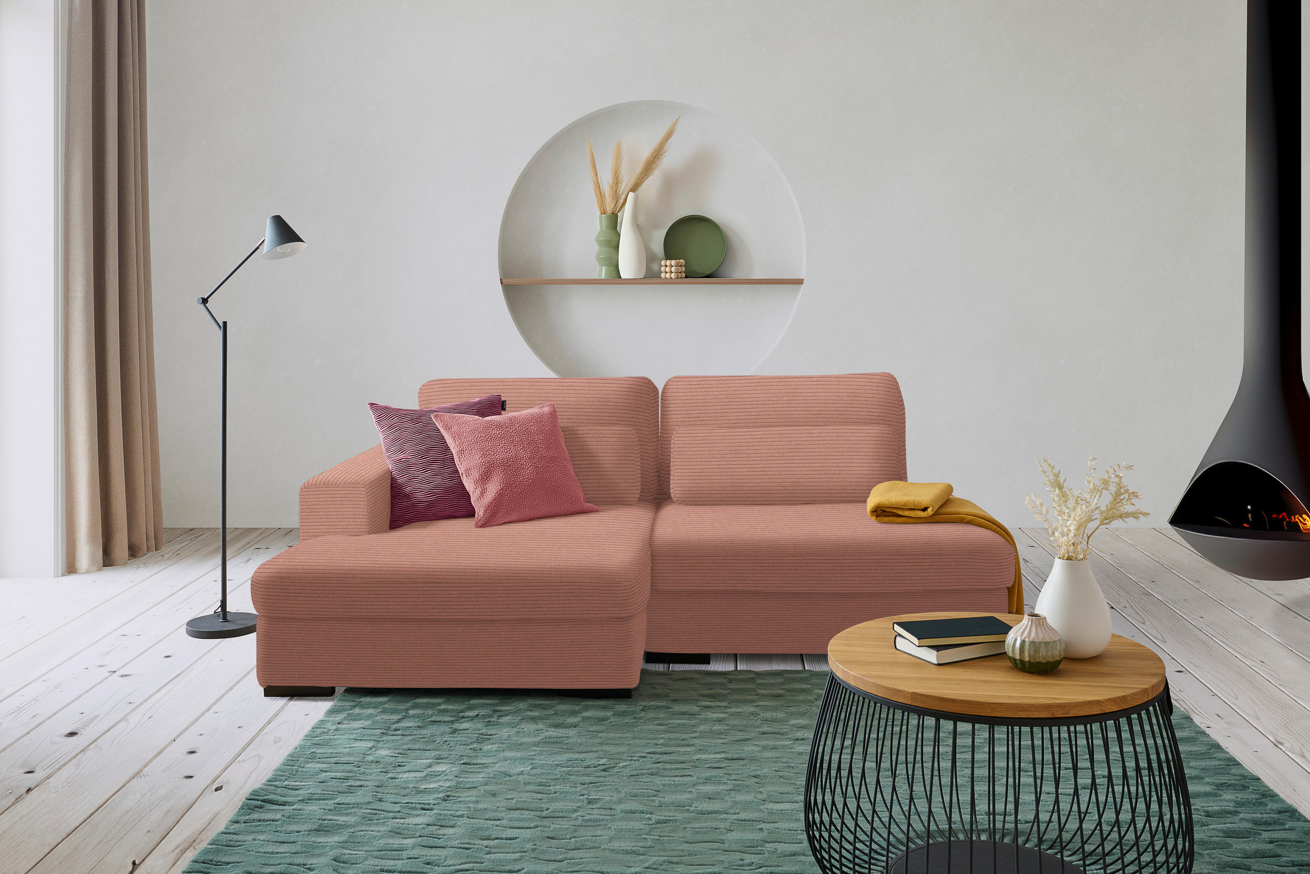 ECKSOFA in Cord, Velours Aprikose  - Aprikose/Schwarz, Design, Kunststoff/Textil (158/223cm) - Lomoco
