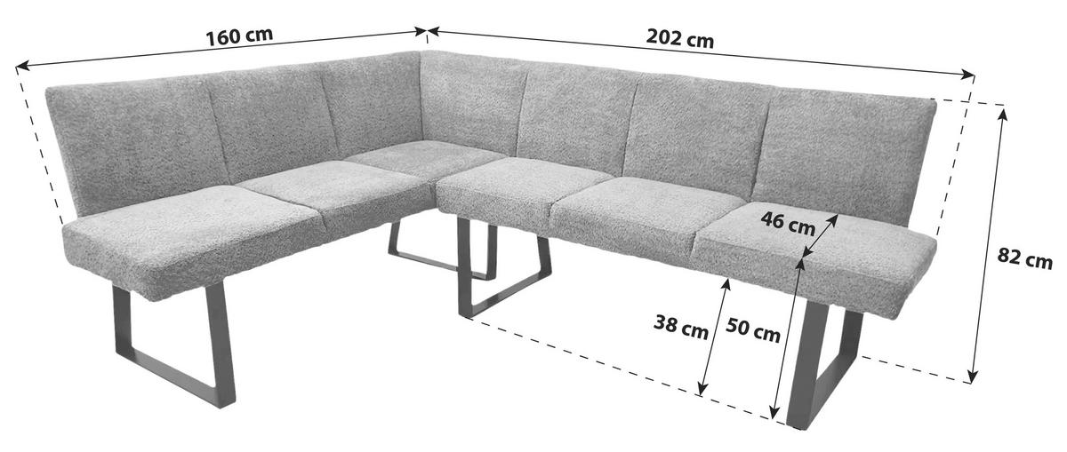 ECKBANK Metall, Textil Grau  - Schwarz/Grau, Modern, Textil/Metall (160/202cm) - MID.YOU