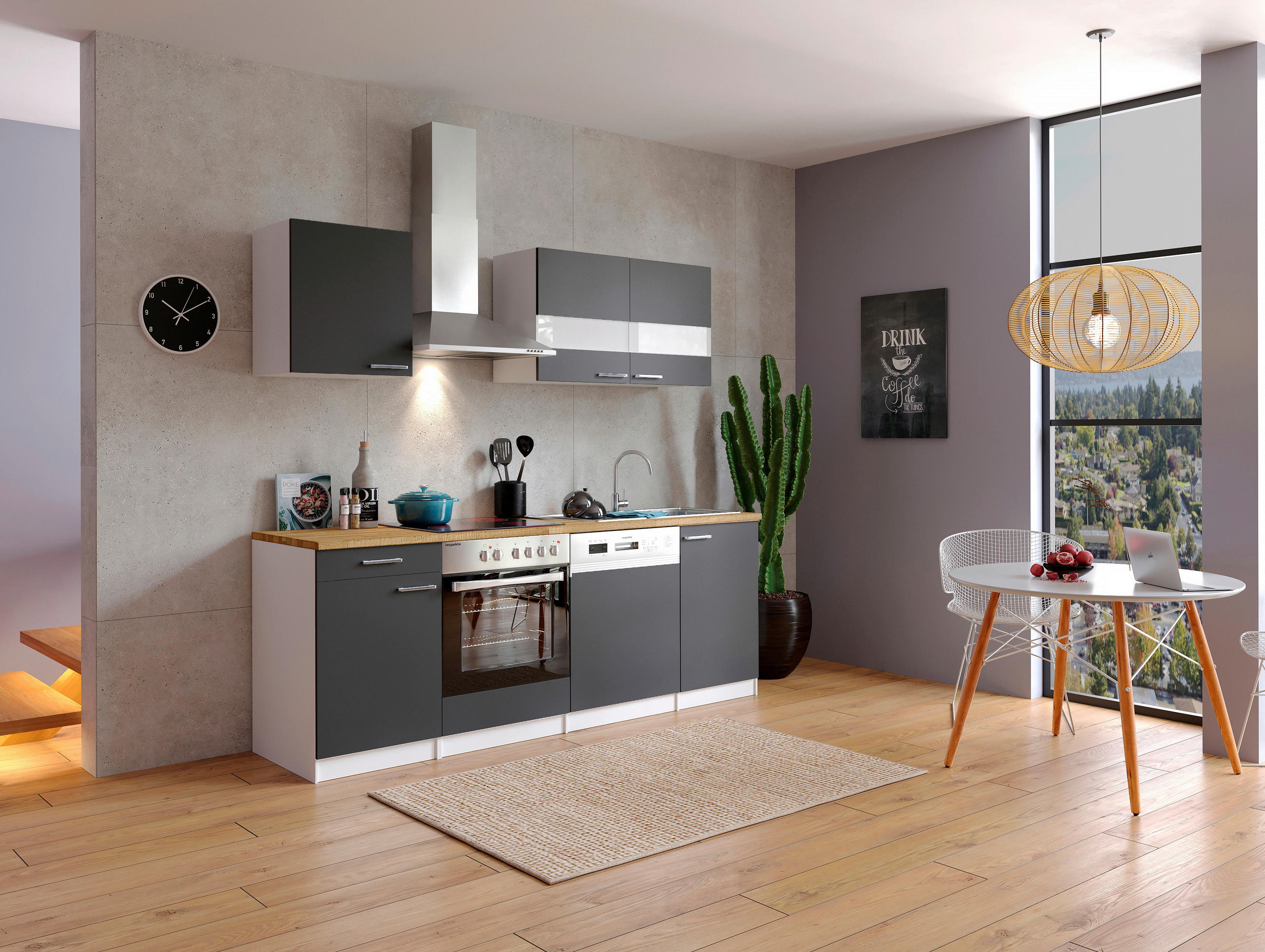 KÜCHENBLOCK 220 cm   in Grau  - Edelstahlfarben/Nussbaumfarben, Basics, Holzwerkstoff/Metall (220cm) - Respekta