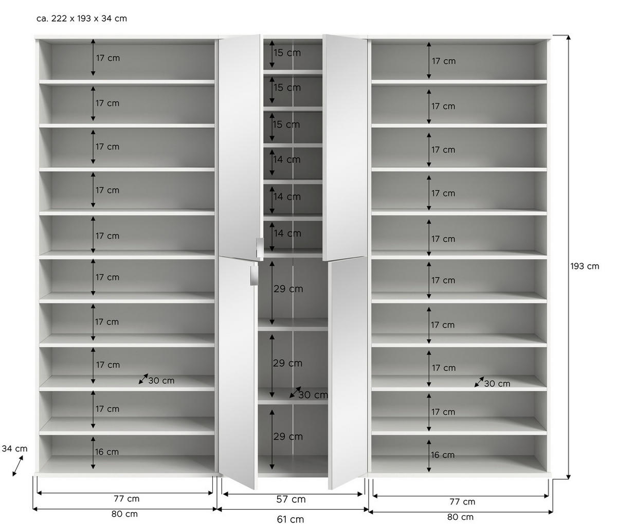 GARDEROBE 3-teilig 222/193/34 cm  - Weiss Hochglanz/Weiss, Design, Holzwerkstoff (222/193/34cm) - Livetastic