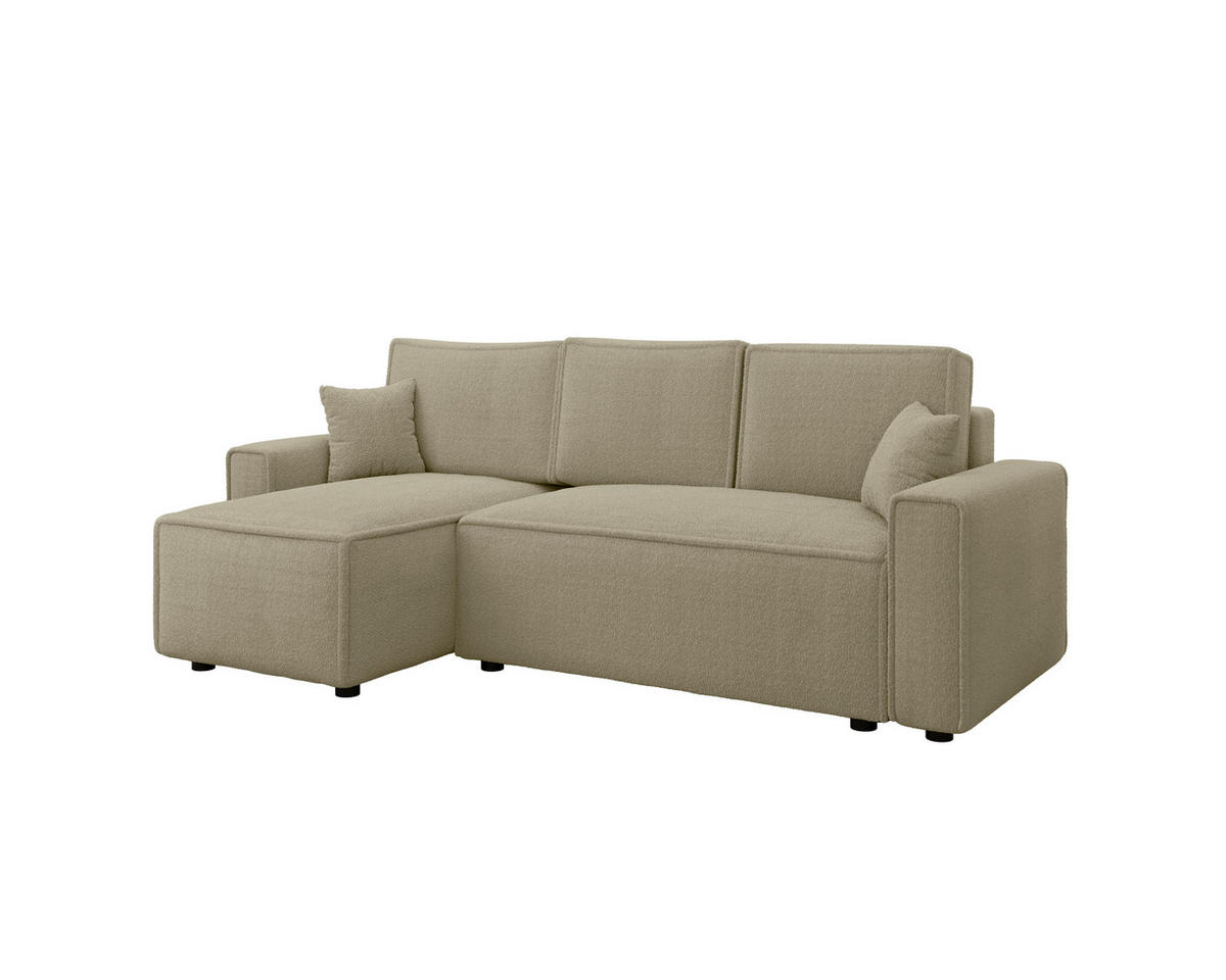 ECKSOFA Beige Bouclé Zierkissen, Rückenkissen, Bettkasten, Schlaffunktion, Rücken echt, Liegefläche im Originalstoff  - Beige/Schwarz, MODERN, Kunststoff/Textil (143/232cm) - Carryhome
