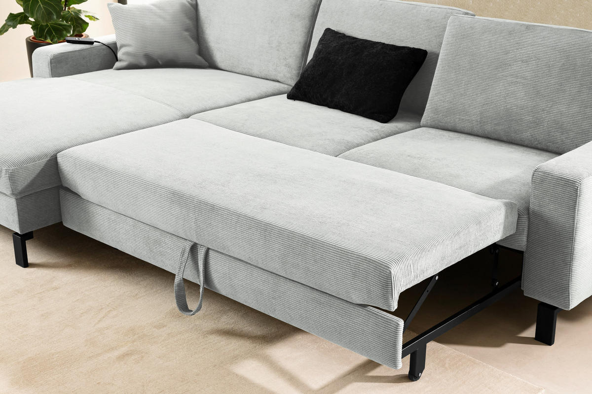 ECKSOFA in Cord Hellgrau  - Hellgrau/Schwarz, Design, Textil/Metall (185/298cm) - Pure Home Lifestyle