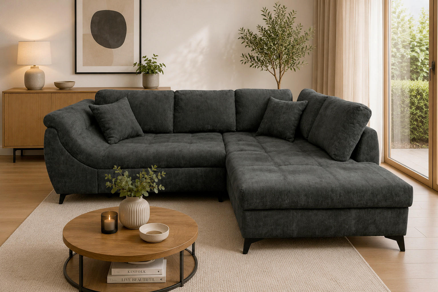 ECKSOFA LIVANO Grau Chenille Liegefläche im Originalstoff  - Schwarz/Grau, Design, Textil/Metall (250/190cm) - MID.YOU