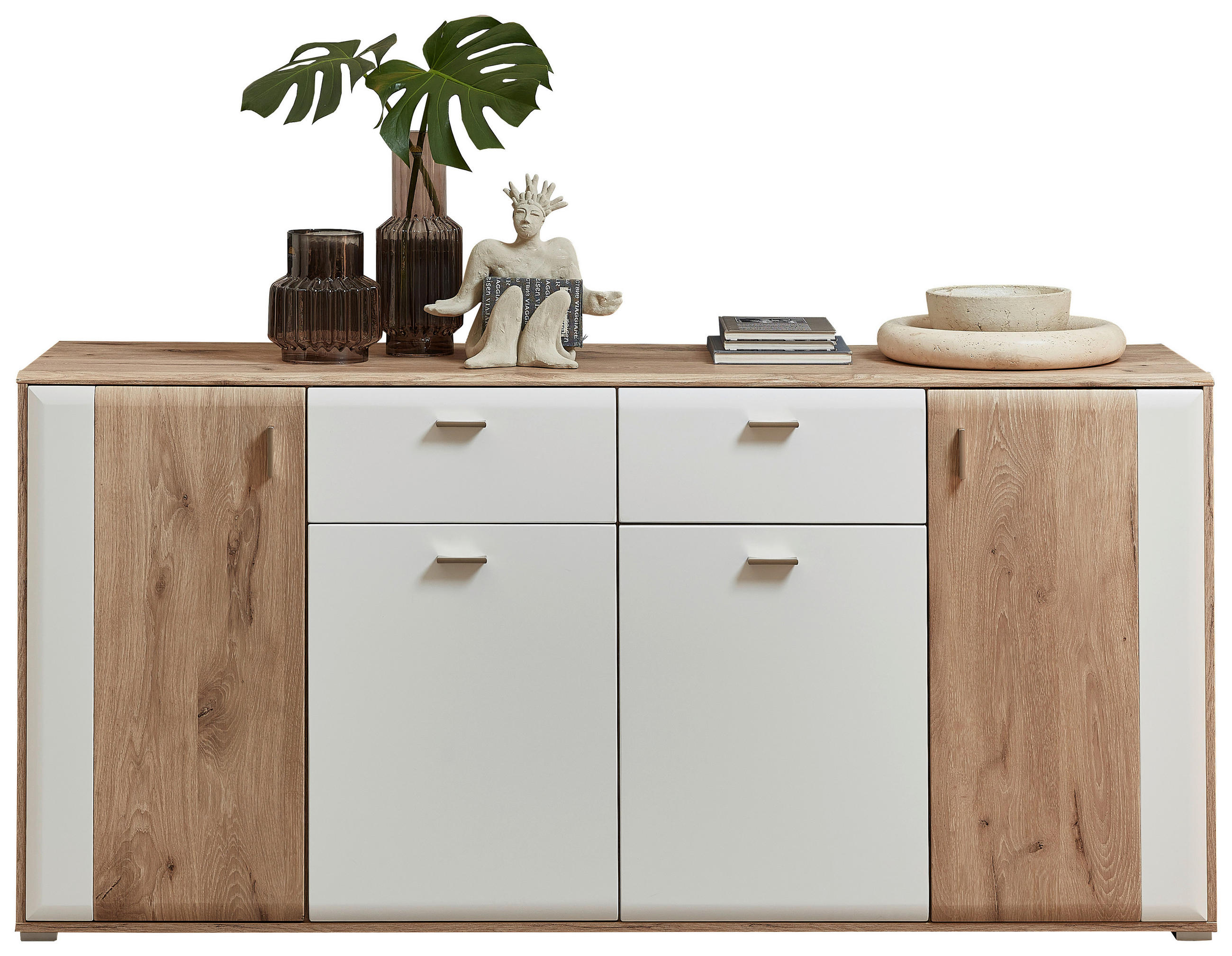 SIDEBOARD 180/86/50 cm  in Weiß, Eichefarben  - Eichefarben/Silberfarben, KONVENTIONELL, Holzwerkstoff/Metall (180/86/50cm) - Xora