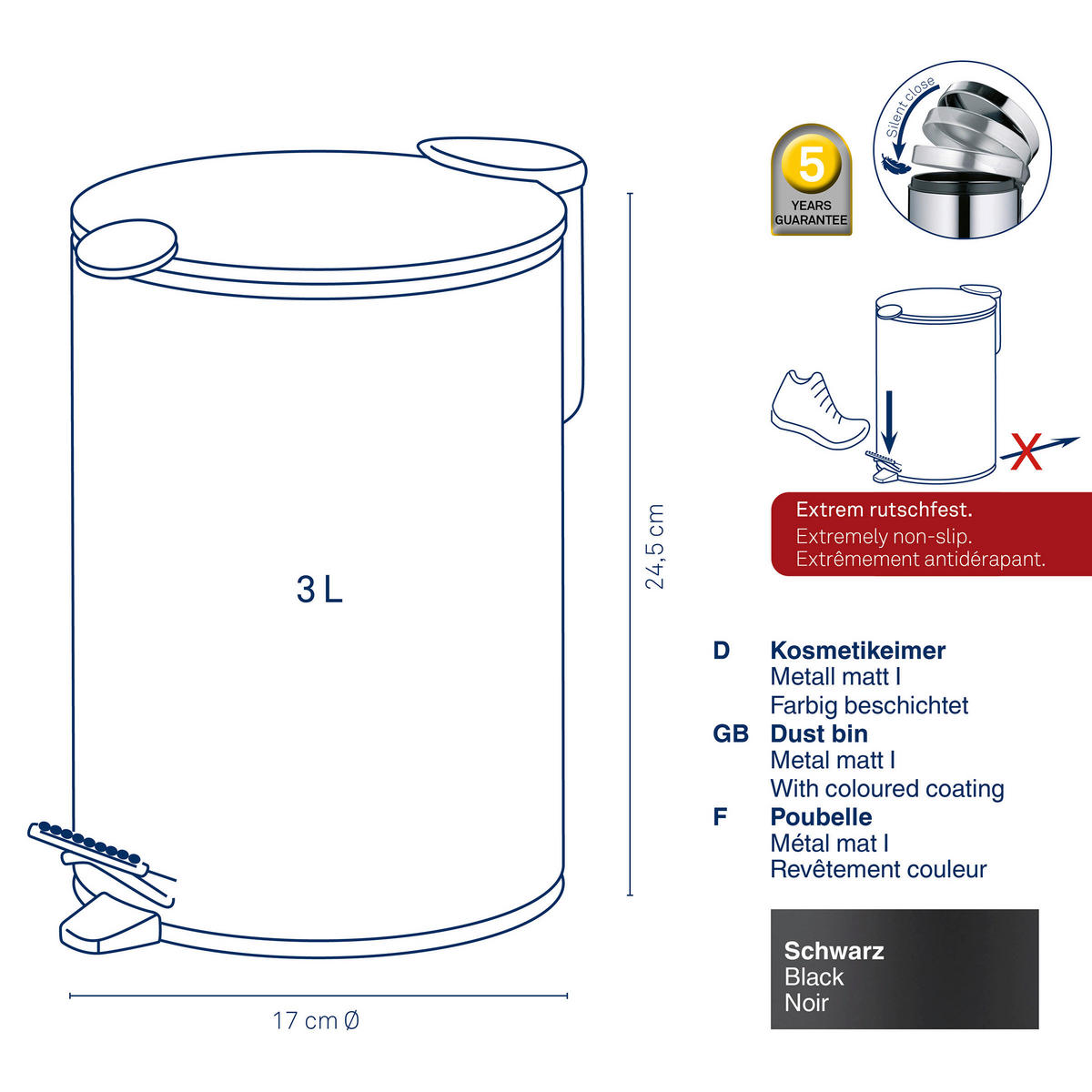 KOSMETIKEIMER MATS 3 L  - Schwarz, Basics, Kunststoff/Metall (17,0/23,0cm) - Kela
