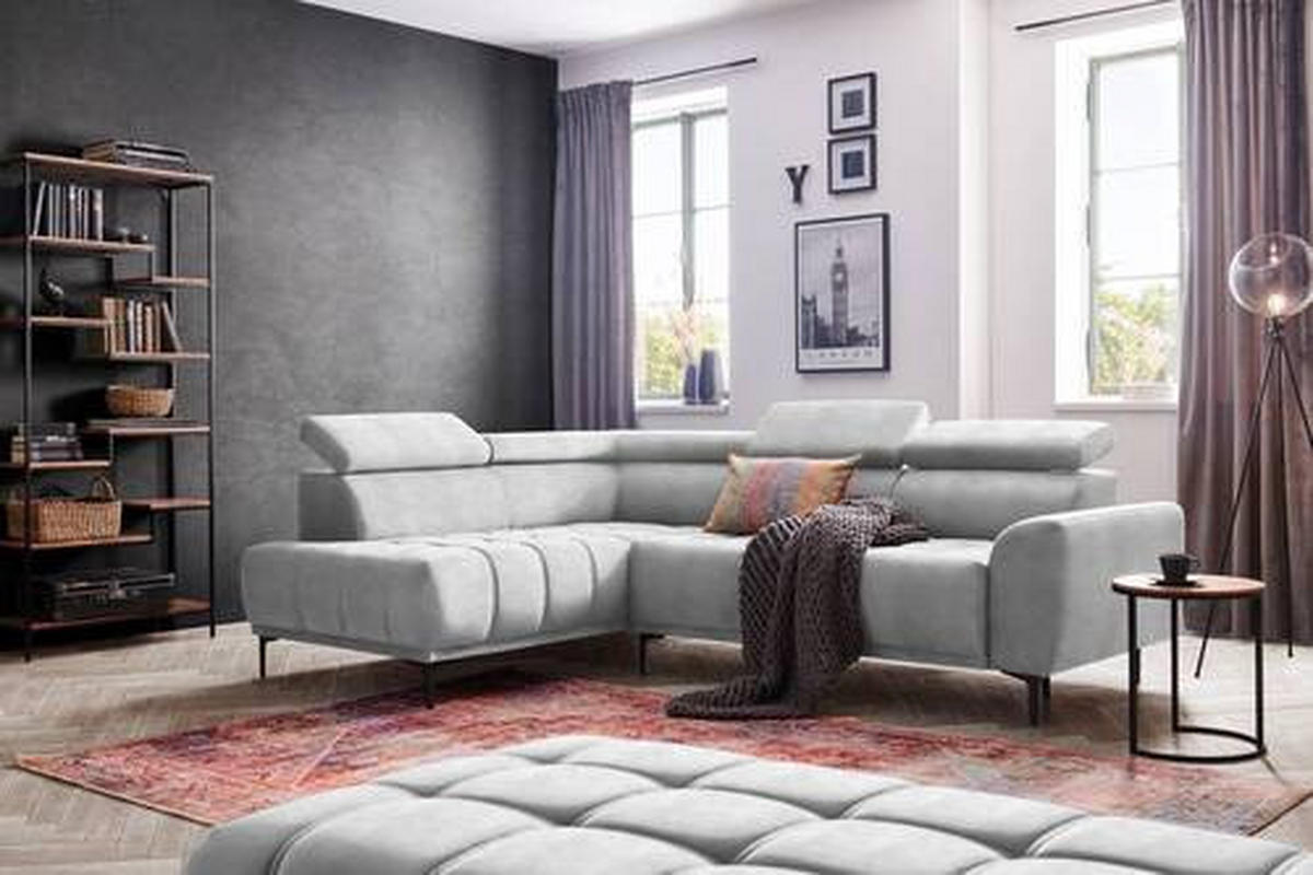 ECKSOFA in Velours Hellgrau  - Hellgrau/Schwarz, Design, Textil/Metall (191/261cm) - Stylife