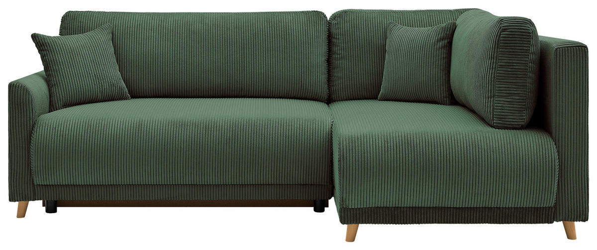 ECKSOFA MILOS Grün Cord Rückenkissen, Bettkasten, Schlaffunktion, Rücken echt  - Naturfarben/Grün, Design, Textil (224/148cm) - P & B