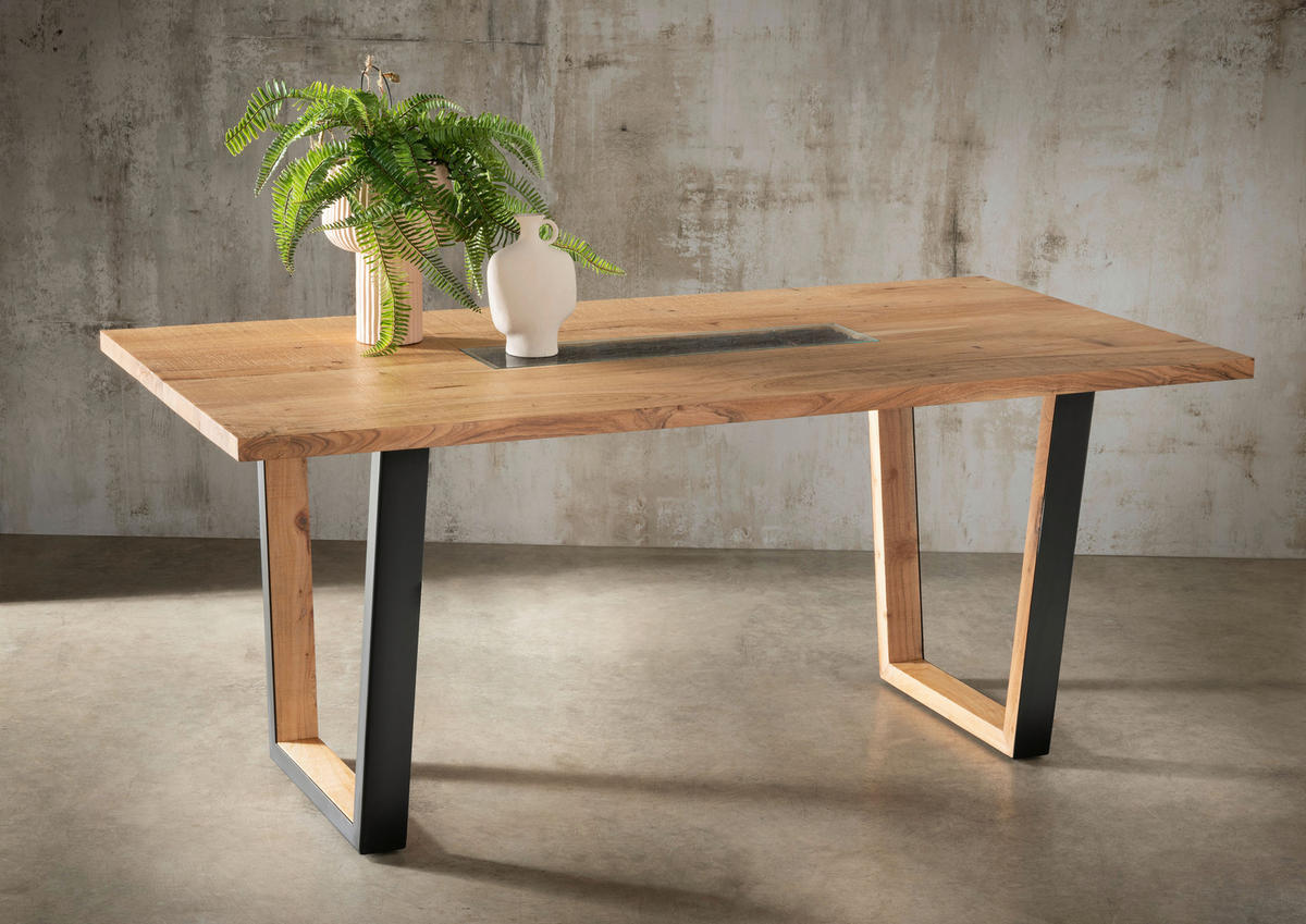 Masă din lemn, metal, sticlă, 180/90/76 cm,   - maro/gri, Natur, sticlă/lemn (180/90/76cm) - Livetastic