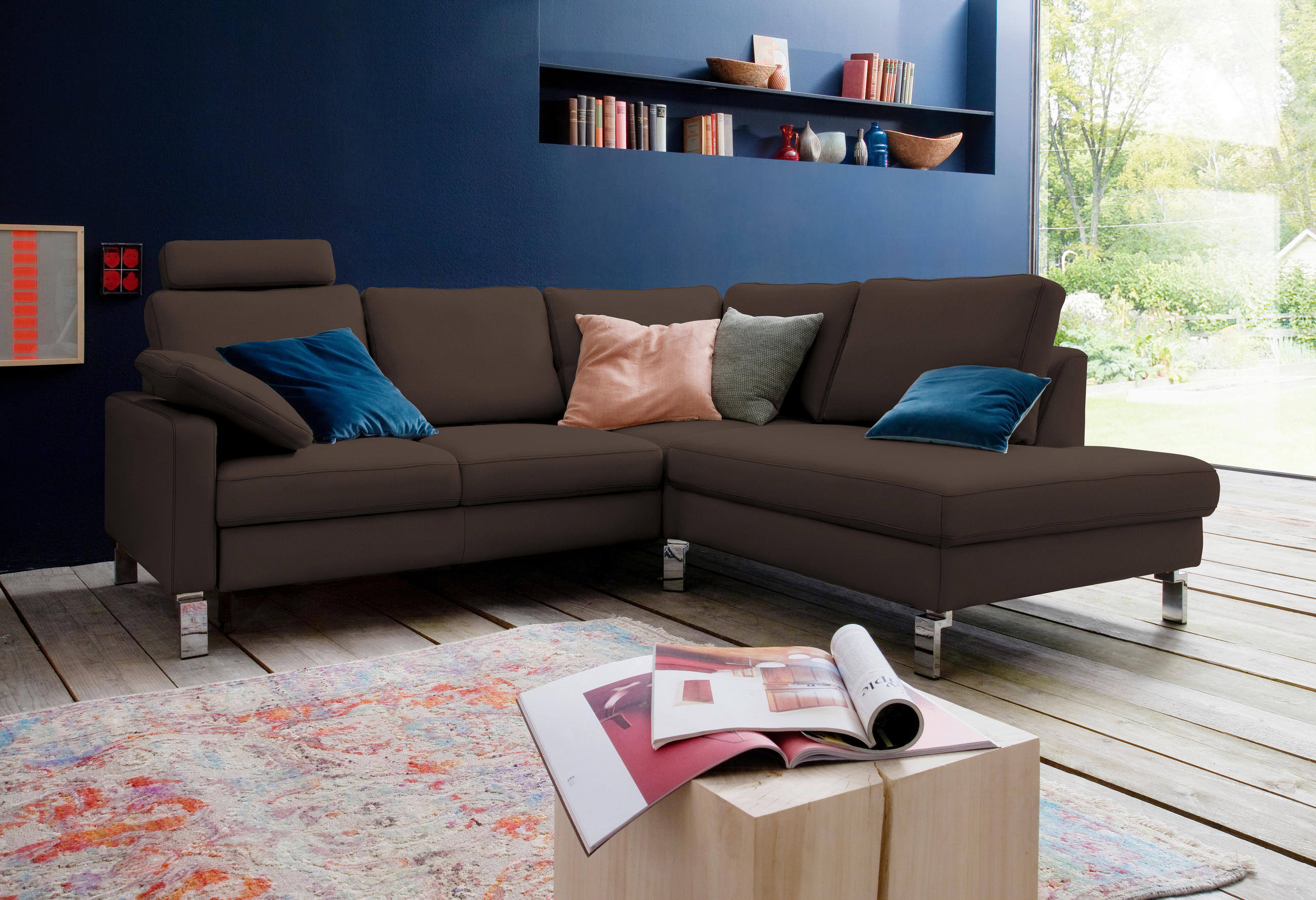 ECKSOFA in Echtleder Dunkelbraun  - Chromfarben/Dunkelbraun, Design, Leder/Metall (281/200cm) - Pure Home Lifestyle