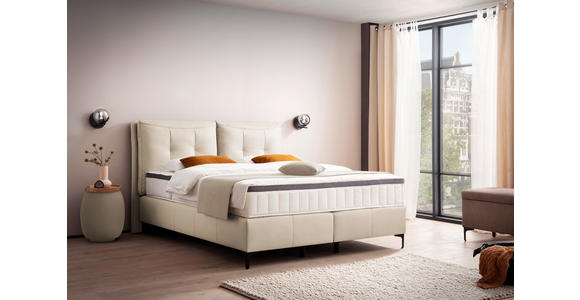 BOXSPRINGBETT 180/200 cm,  in Naturfarben, Matratze, gepolstertes Kopfteil, Topper, H2 + H3 = mittel + fest  - Schwarz/Naturfarben, Design, Leder/Holz (180/200cm) - Novel