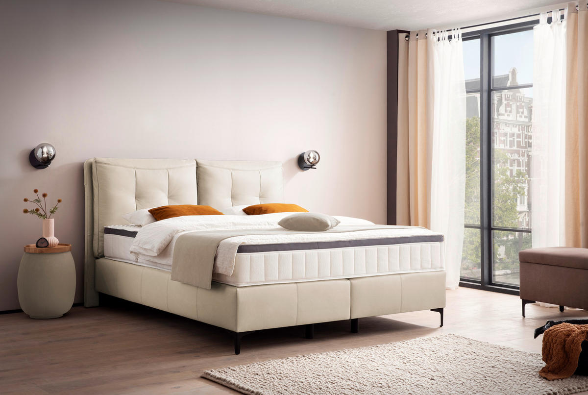 BOXSPRINGBETT 180/200 cm,  in Naturfarben, Matratze, gepolstertes Kopfteil, Topper, H2 + H3 = mittel + fest  - Schwarz/Naturfarben, Design, Leder/Holz (180/200cm) - Novel