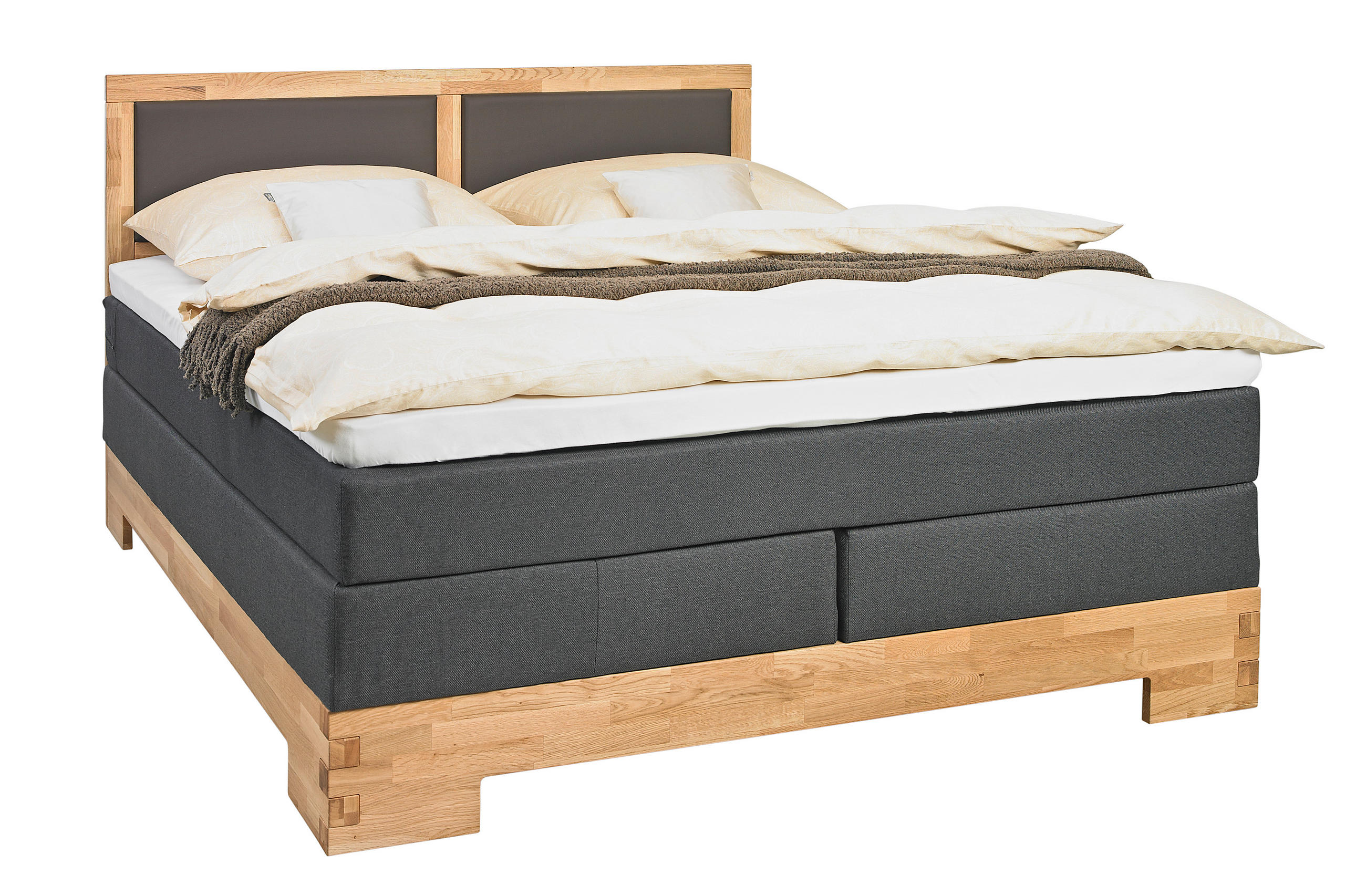 BOXSPRINGBETT 140/200 cm,  in Braun, Eichefarben, Matratze, gepolstertes Kopfteil, Topper, H3 = fest  - Eichefarben/Braun, Design, Holz/Textil (140/200cm) - Linea Natura
