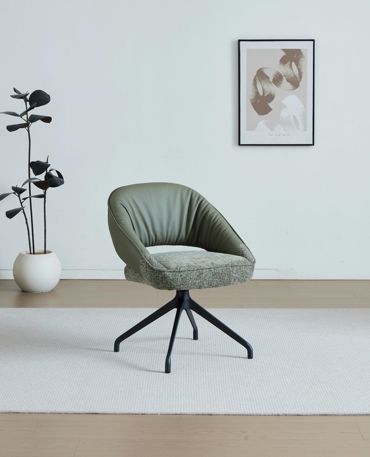 ARMLEHNSTUHL  Sitzfläche 360° drehbar, automatische Rückholfunktion Leinenoptik Echtleder  Grün, Schwarz  - Schwarz/Grün, Design, Leder/Textil (60/81/63.5cm) - Dieter Knoll