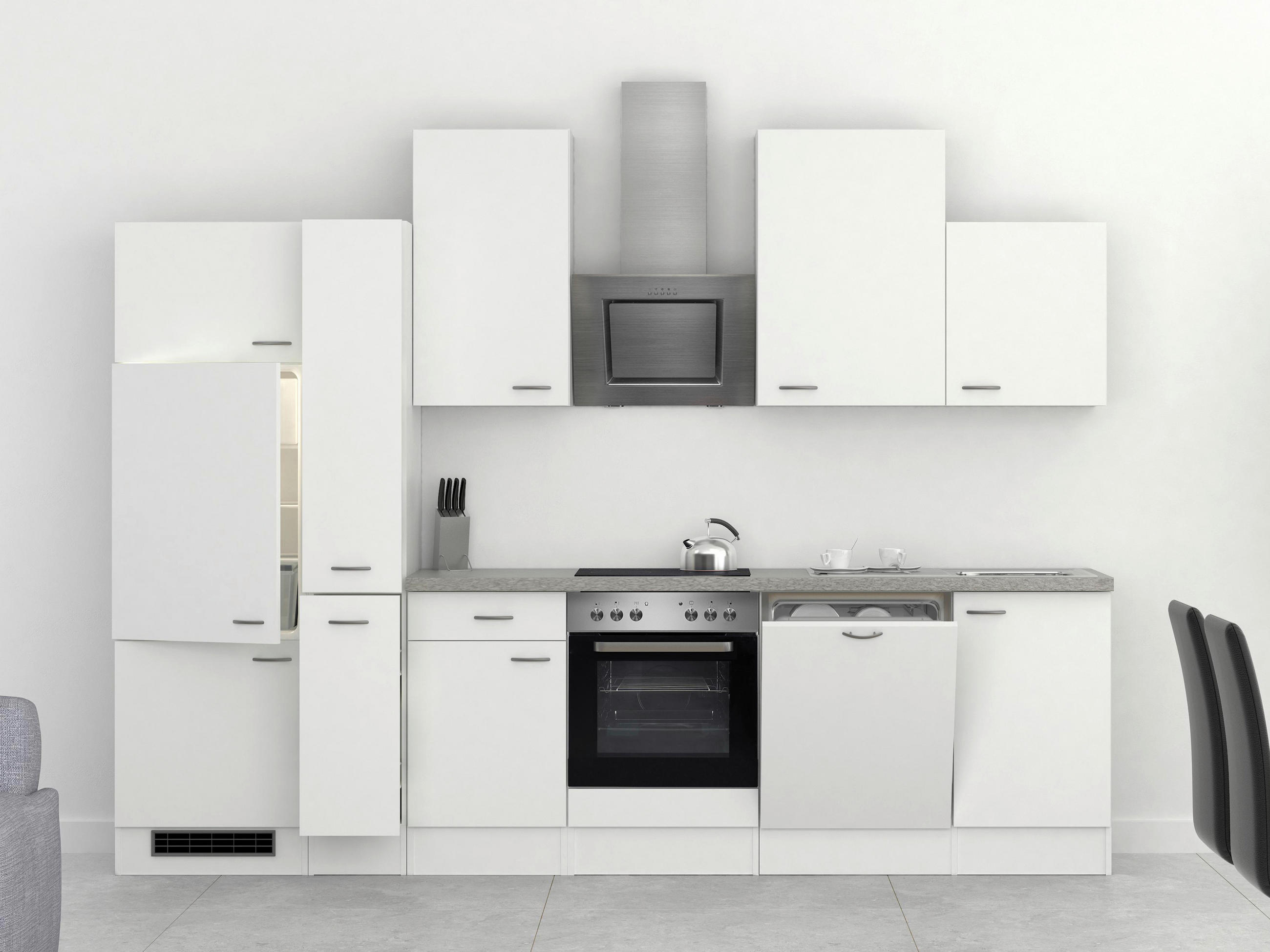 KÜCHENBLOCK 310 cm   in Weiß  - Edelstahlfarben/Hellgrau, MODERN, Holzwerkstoff/Kunststoff (310cm) - FlexWell