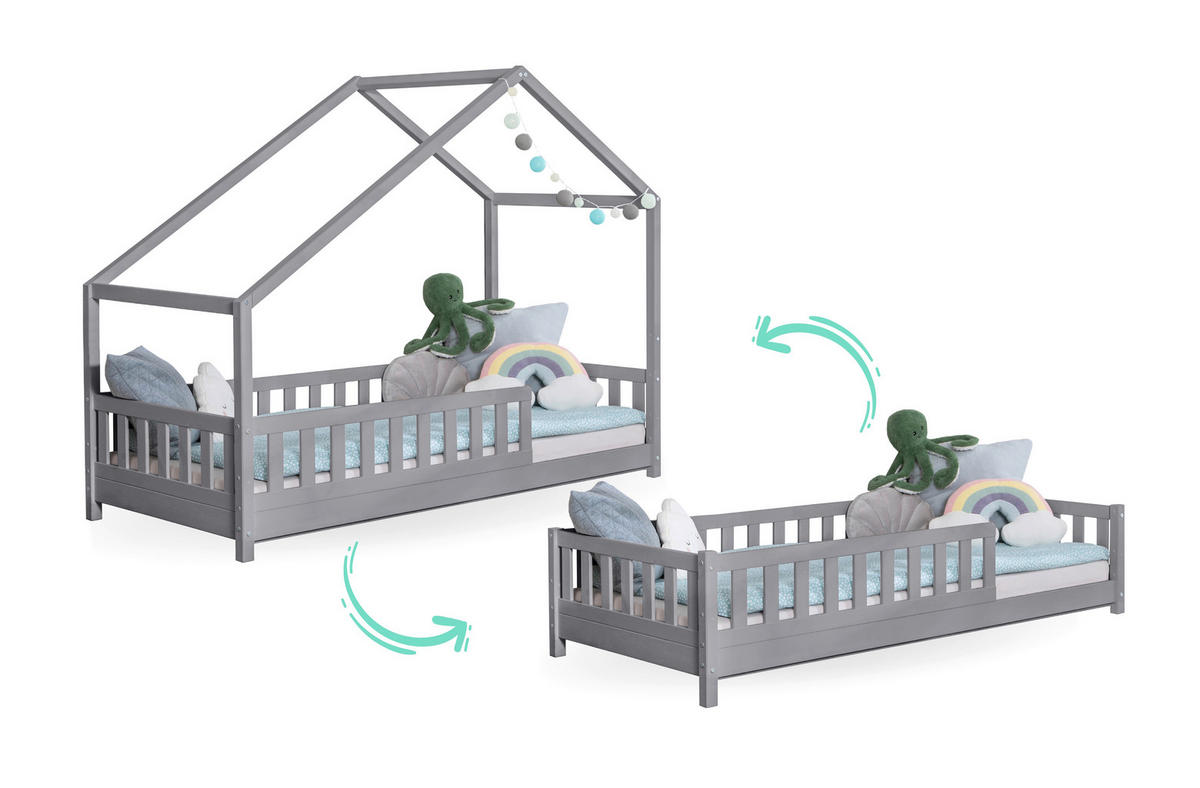 HAUSBETT 120/200 cm,  in Hellgrau, Absturzsicherung, Rollrost  - Hellgrau/Naturfarben, MODERN, Holz (120/200cm) - MID.YOU