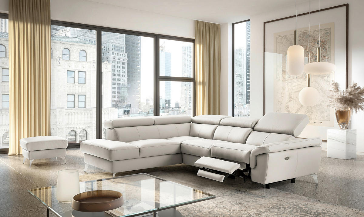 ECKSOFA SONO in Lederlook Echtleder Platinfarben Bettkasten, Armteilverstellung, Kopfteilverstellung  210/265 cm  - Platinfarben/Chromfarben, Design, Leder/Textil (210/265cm) - Livetastic