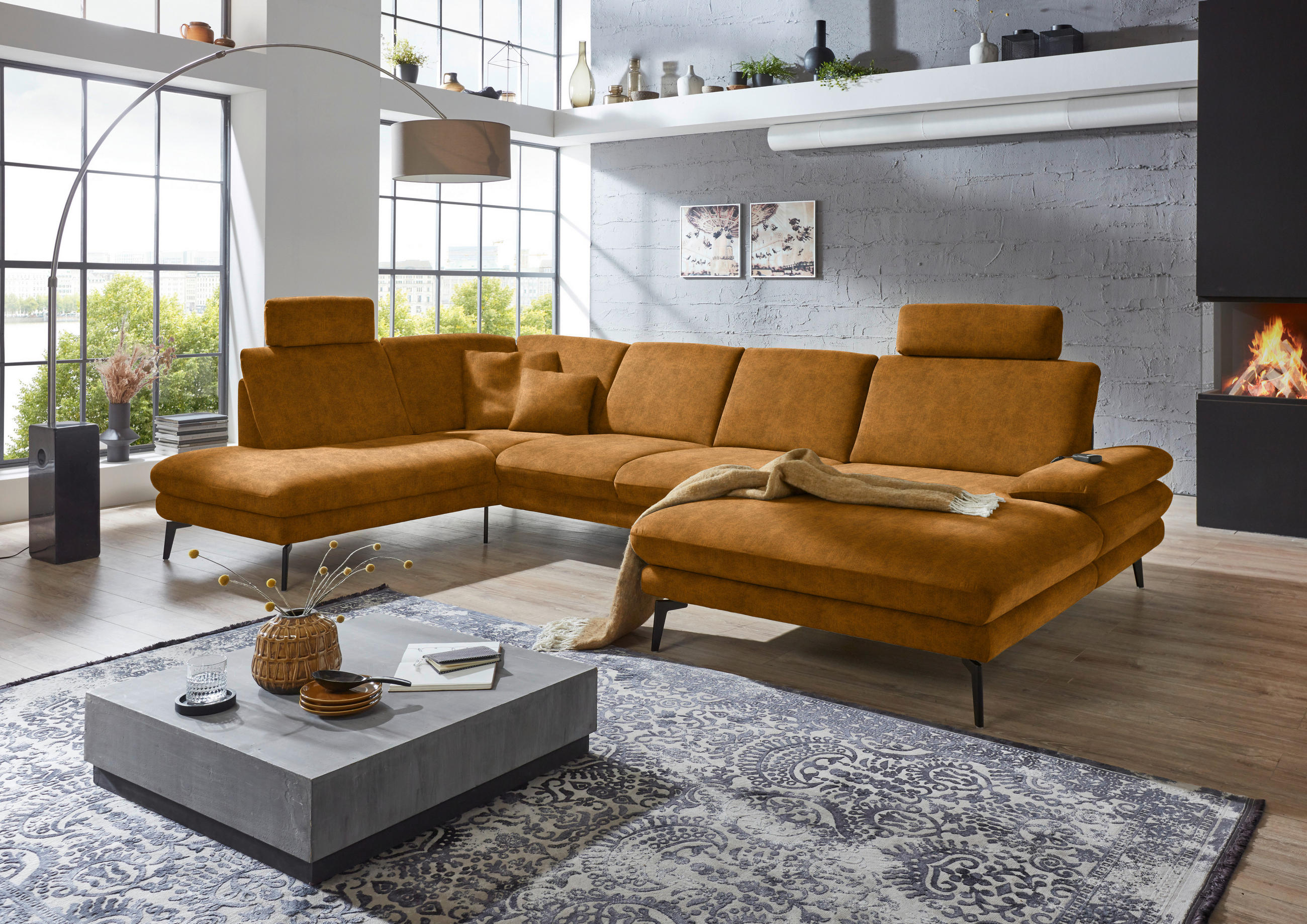 WOHNLANDSCHAFT in Velours Cognac  - Cognac/Schwarz, Design, Textil/Metall (208/344/180cm) - Dieter Knoll