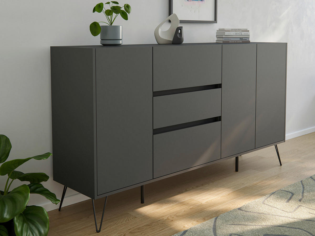 SIDEBOARD Posseik Industrial 177/93,6/42 cm 3 Schublade(n)  - Graphitfarben/Schwarz, Design, Holzwerkstoff/Metall (177/93,6/42cm) - P & B