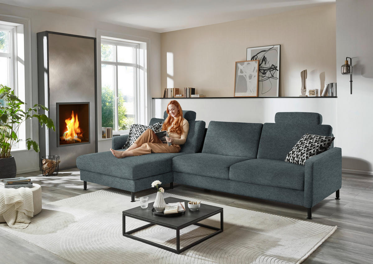 ECKSOFA  in Chenille, Flachgewebe Blau  175/316 cm  - Blau/Schwarz, Design, Textil/Metall (175/316cm) - Dieter Knoll