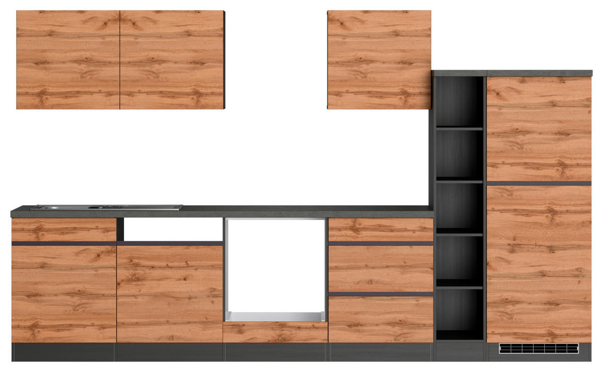 KÜCHENLEERBLOCK 330 cm   in Graphitfarben, Eiche Wotan  - Eiche Wotan/Graphitfarben, Design, Holzwerkstoff (330cm) - Held