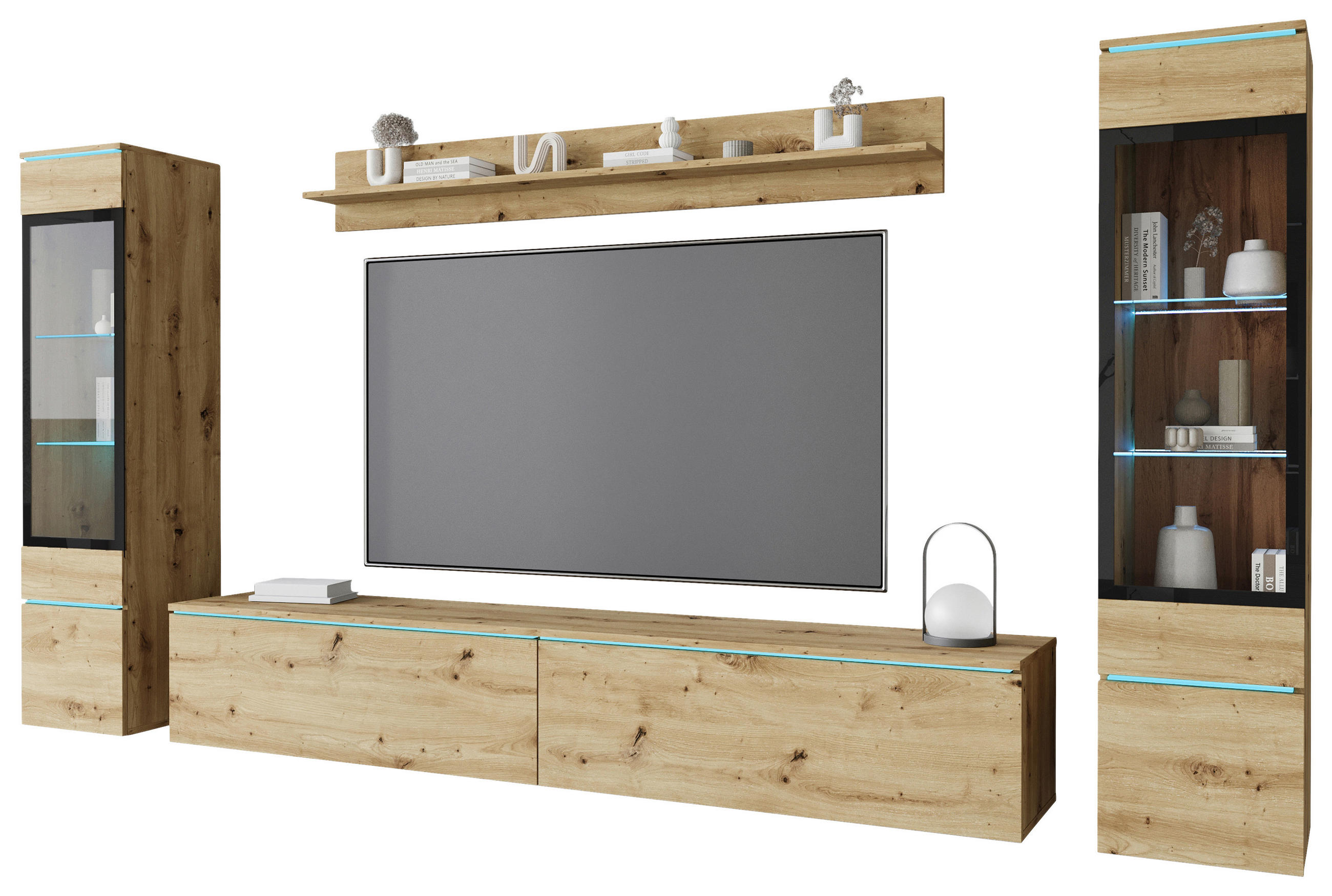 WOHNWAND Vera 4-teilig  in Eiche Artisan  240/130/33 cm  - Eiche Artisan/Grau, Basics, Glas/Holzwerkstoff (240/130/33cm) - P & B