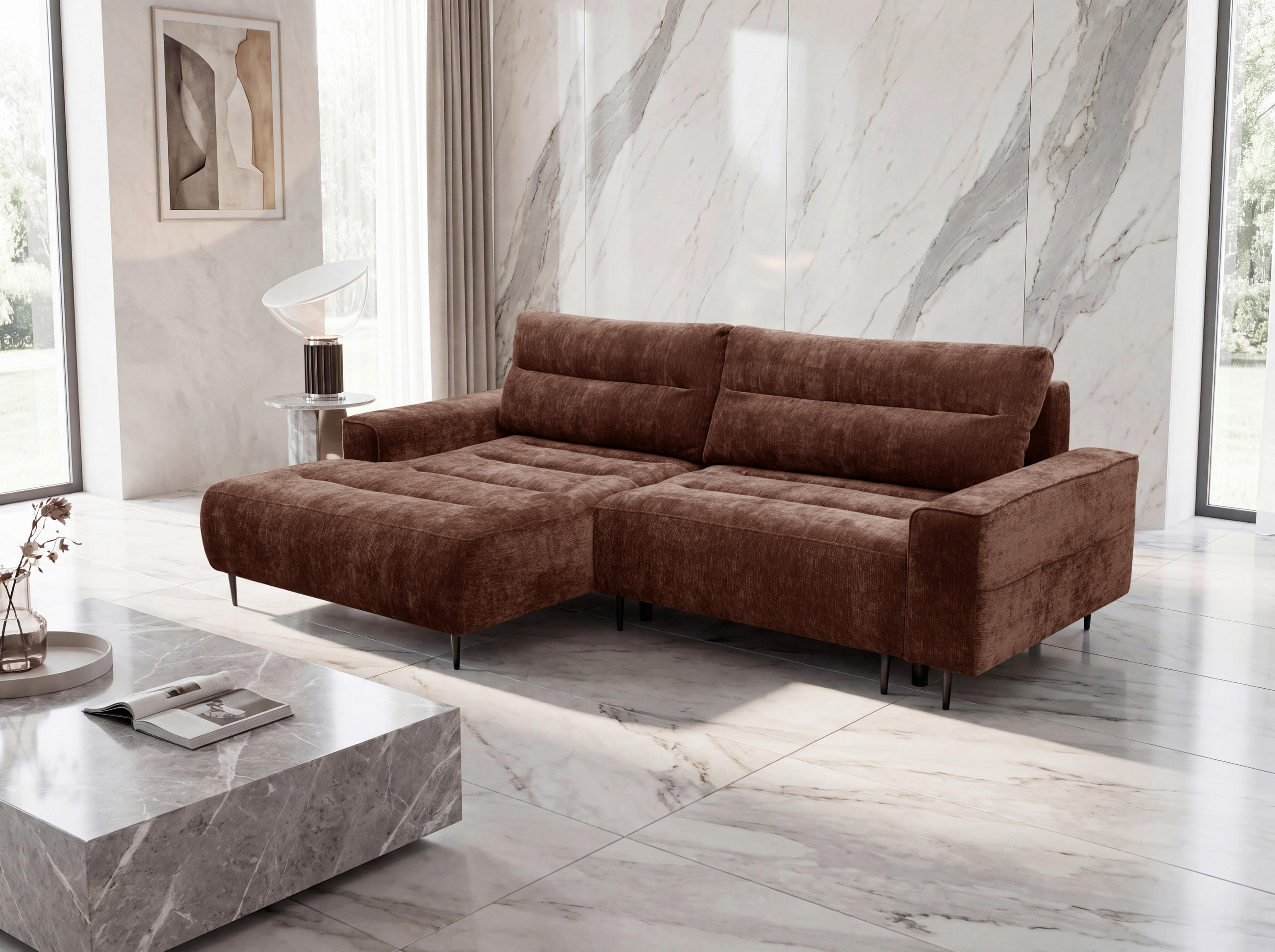 ECKSOFA PABLO in Struktur Kupferfarben Rückenkissen, Bettkasten  160/260 cm  - Schwarz/Kupferfarben, Design, Holz/Textil (160/260cm) - MID.YOU