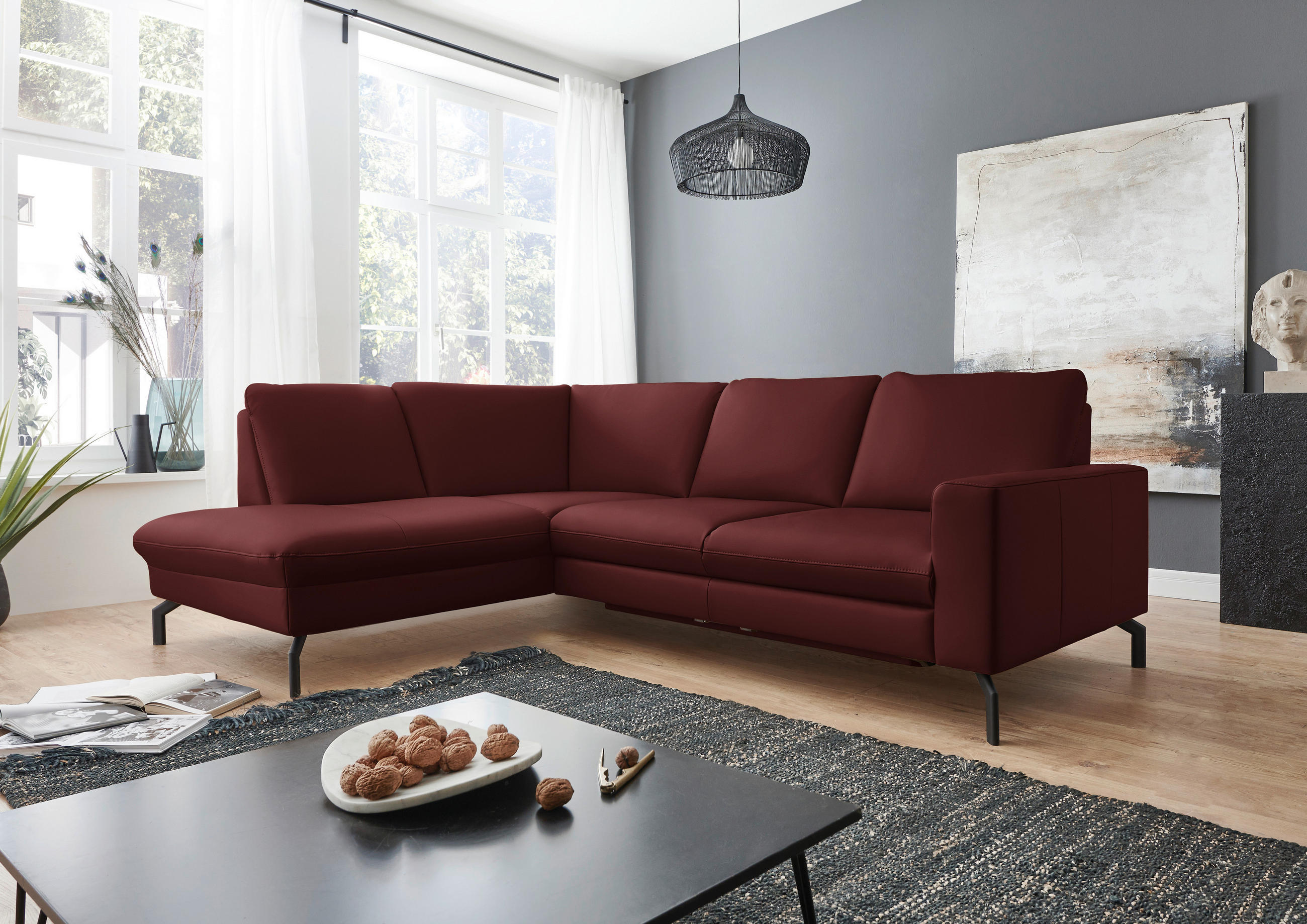 ECKSOFA in Echtleder Brombeere  - Brombeere/Schwarz, Design, Leder/Metall (194/250cm) - Beldomo Premium