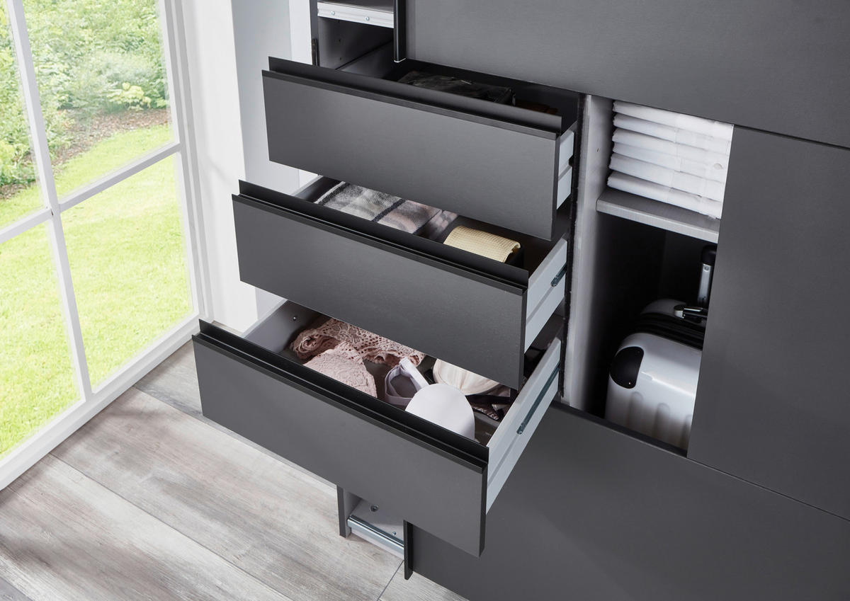 SCHIEBETÜRENSCHRANK 270/210/64 cm 3-türig Graphitfarben, Schwarz  - Graphitfarben/Schwarz, KONVENTIONELL, Glas/Holzwerkstoff (270/210/64cm) - MID.YOU