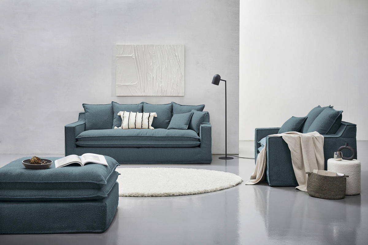 HUSSEN-3-SITZER-SOFA Bouclé Blau  - Blau/Schwarz, Trend, Kunststoff/Textil (227/92/105cm) - Livetastic