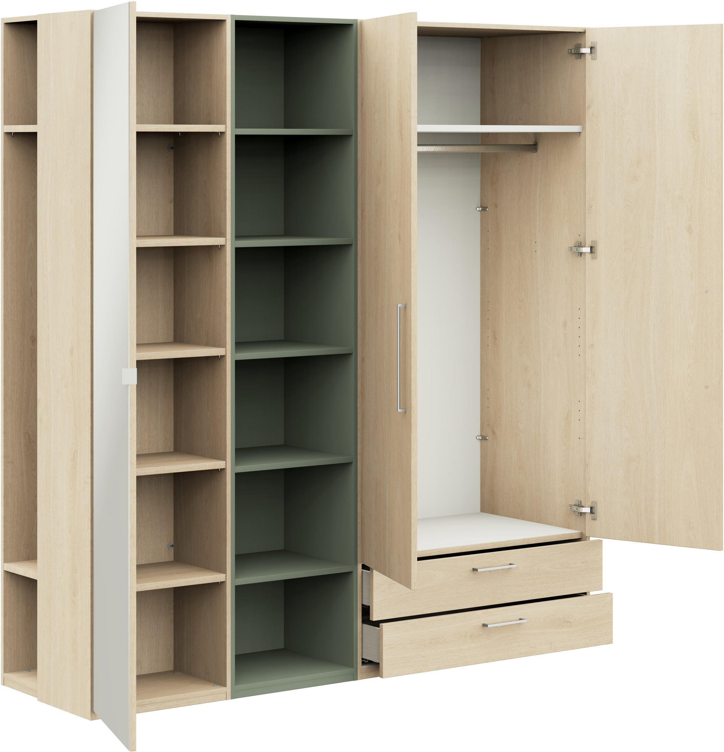 KLEIDERSCHRANK 3-türig Eichefarben, Salbeigrün  - Edelstahlfarben/Eichefarben, Design, Glas/Holzwerkstoff (202,6/213,6/59,3cm) - Cantus